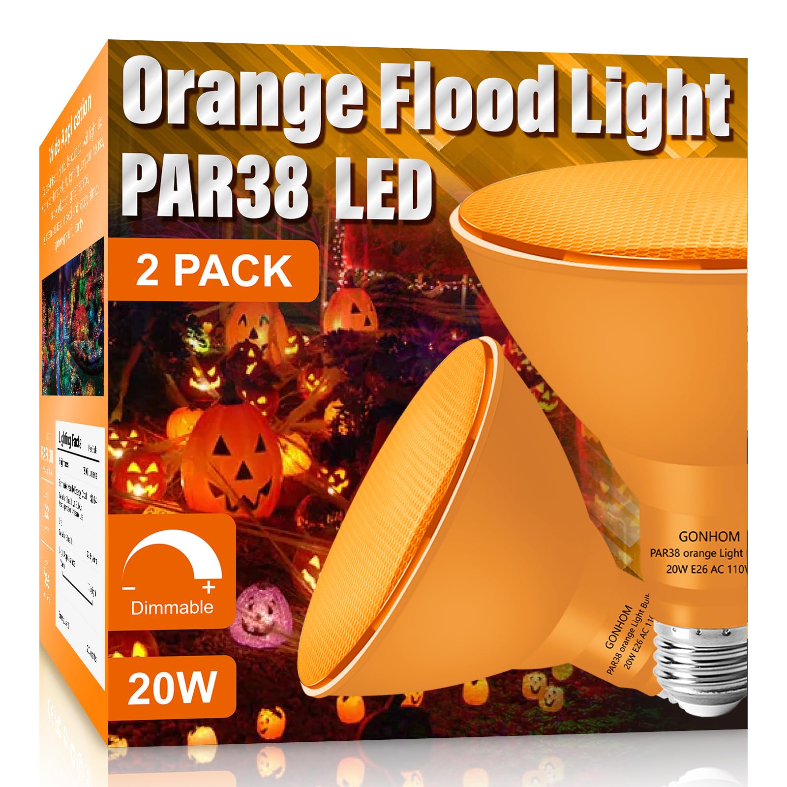 Gonhom 4 Pack Par38 Orange Flood Lights Outdoor, Dimmable Flood Orange Light Bulb,20W(Equivalent To 200W),E26 Base,Halloween Lig