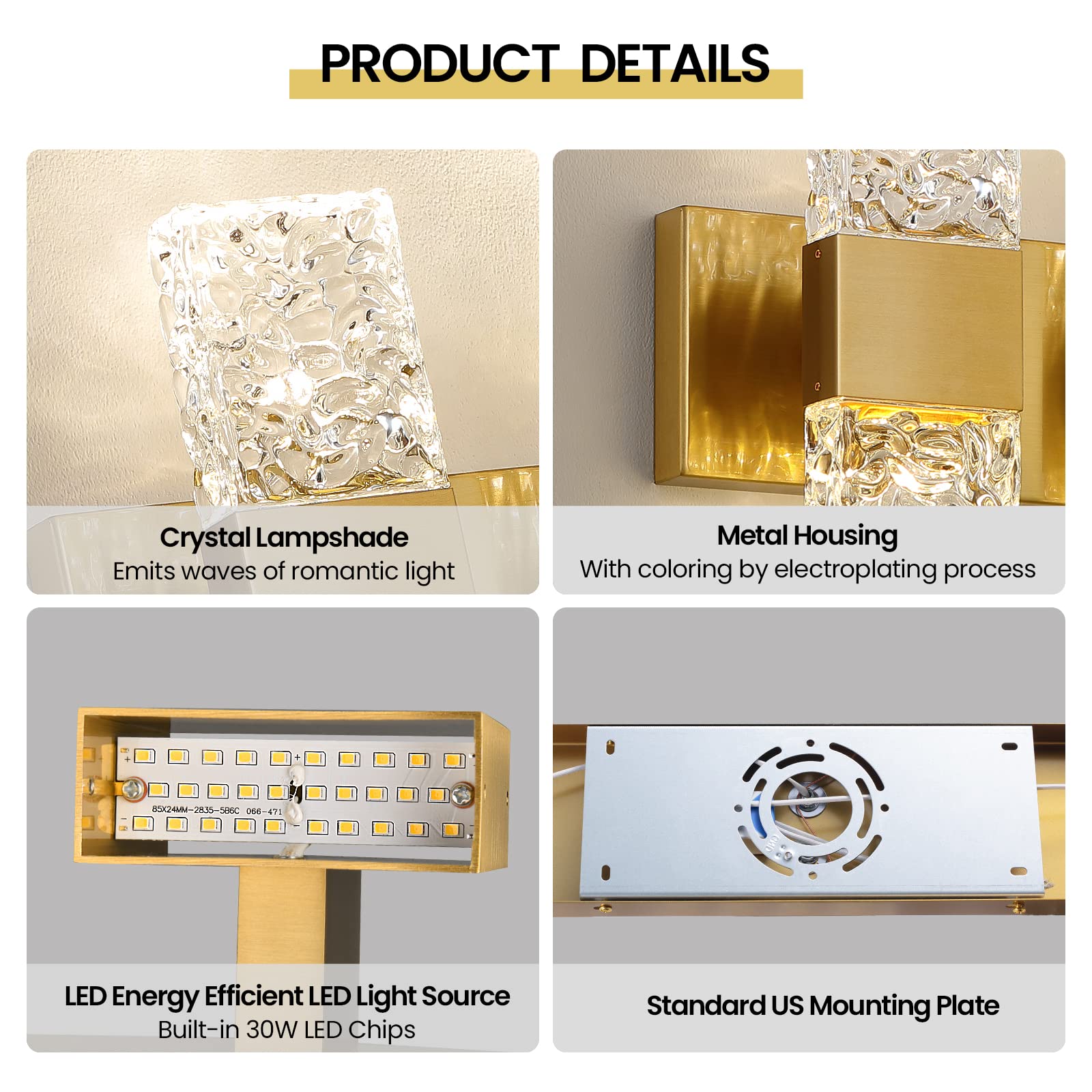 Epinl 4-Light Gold Bathroom Vanity Light Fixtures, Brushed Gold Iron & Crystal Wall Sconces, Model 8013WL-04GD-US, Modern 4000K LED