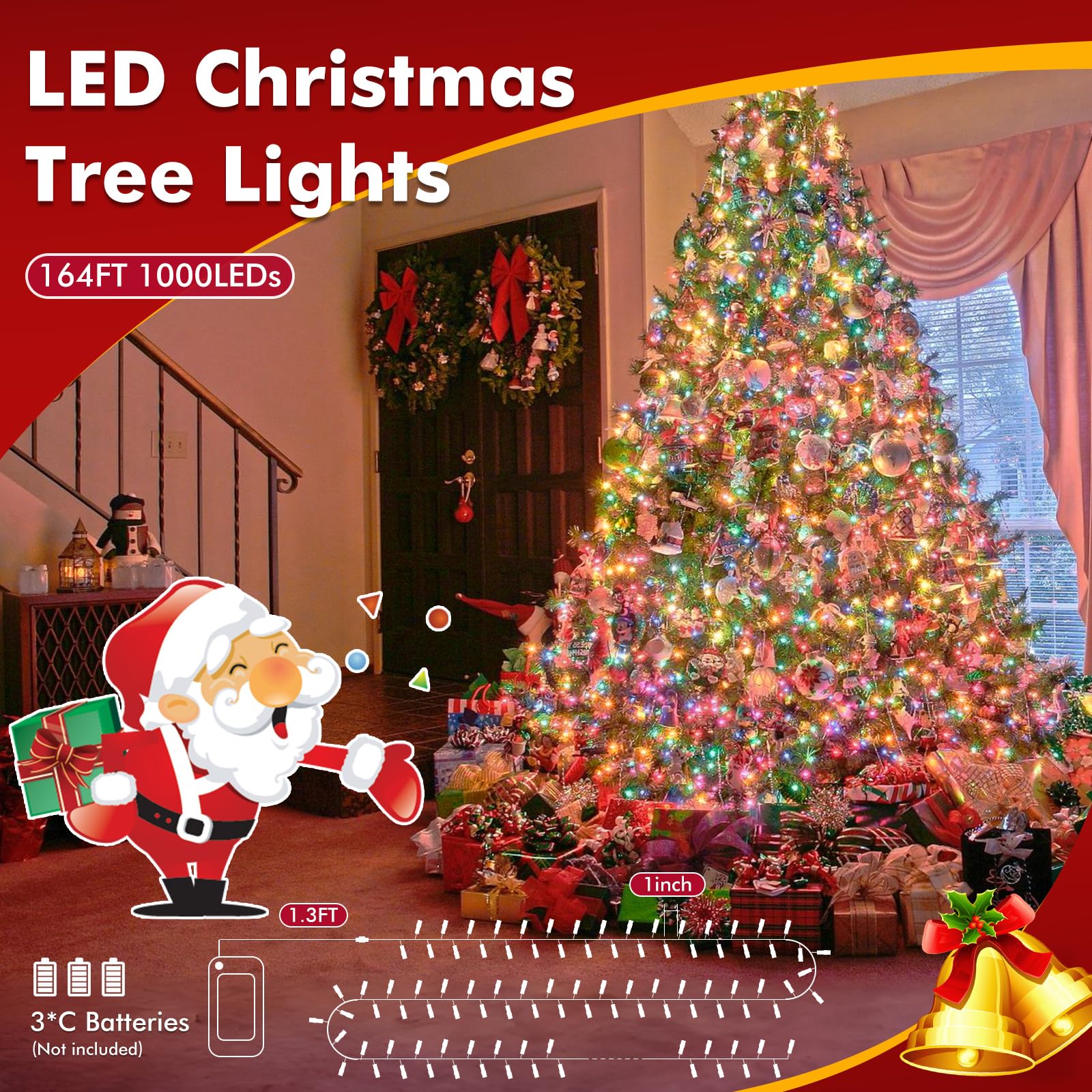 Quntis 164Ft 1000Led Super Bright Battery Powered Christmas Lights, C Batteries Required (Not Included), 8 Modes & Timer Indoor/