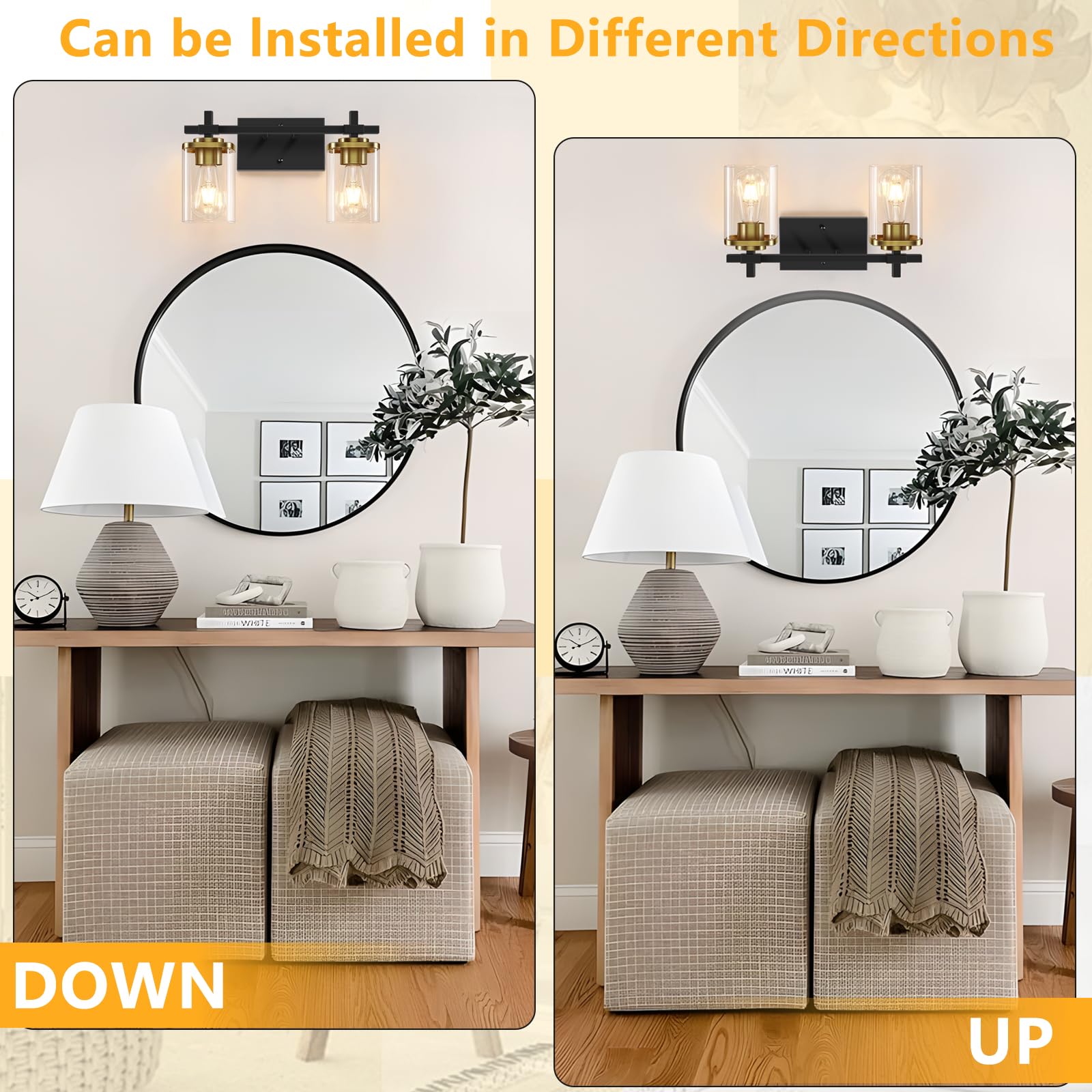 Spiglamm 2-Lights Black And Gold Bathroom Vanity Light, Bathroom Lights Over Mirror With Square Glass Shade And Metal Base, Vani