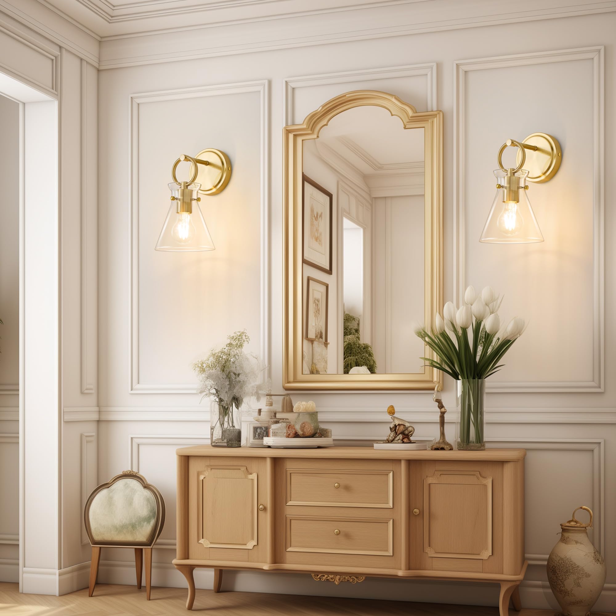 Gednbo Gold Wall Sconces Set Of 2 Modern Vanity Light Fixtures For Bathroom Wall Mount Lighting Lamp Hardwired Farmhouse Wall Lights With 6 Inch Clear Glass Shade For Bedroom Living Room Mirror