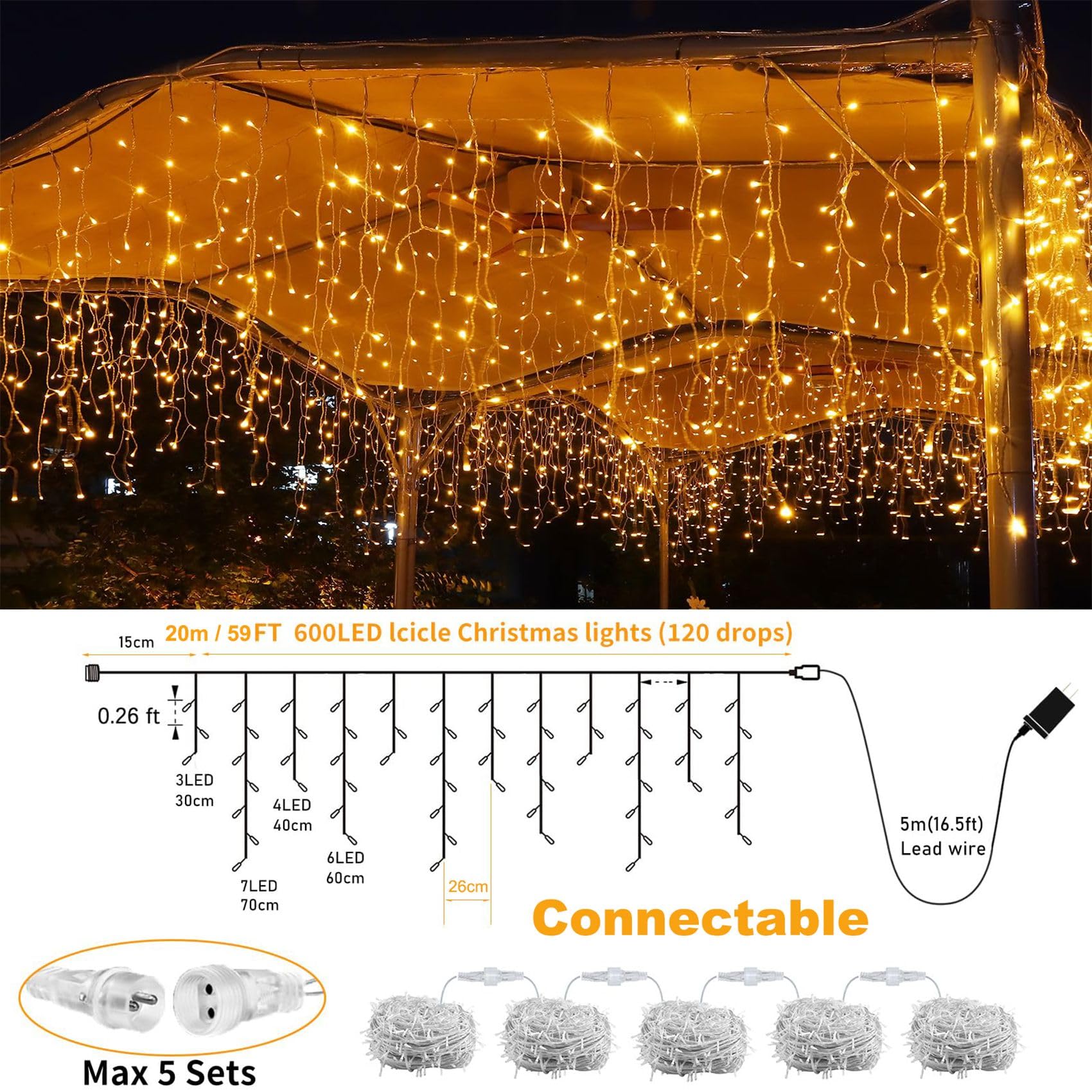 600Led Plug-In Christmas Icicle Lights, 75Ft Hang String Lights With Remote, 8 Modes Warm White Twinkle Fairy Lights Waterproof