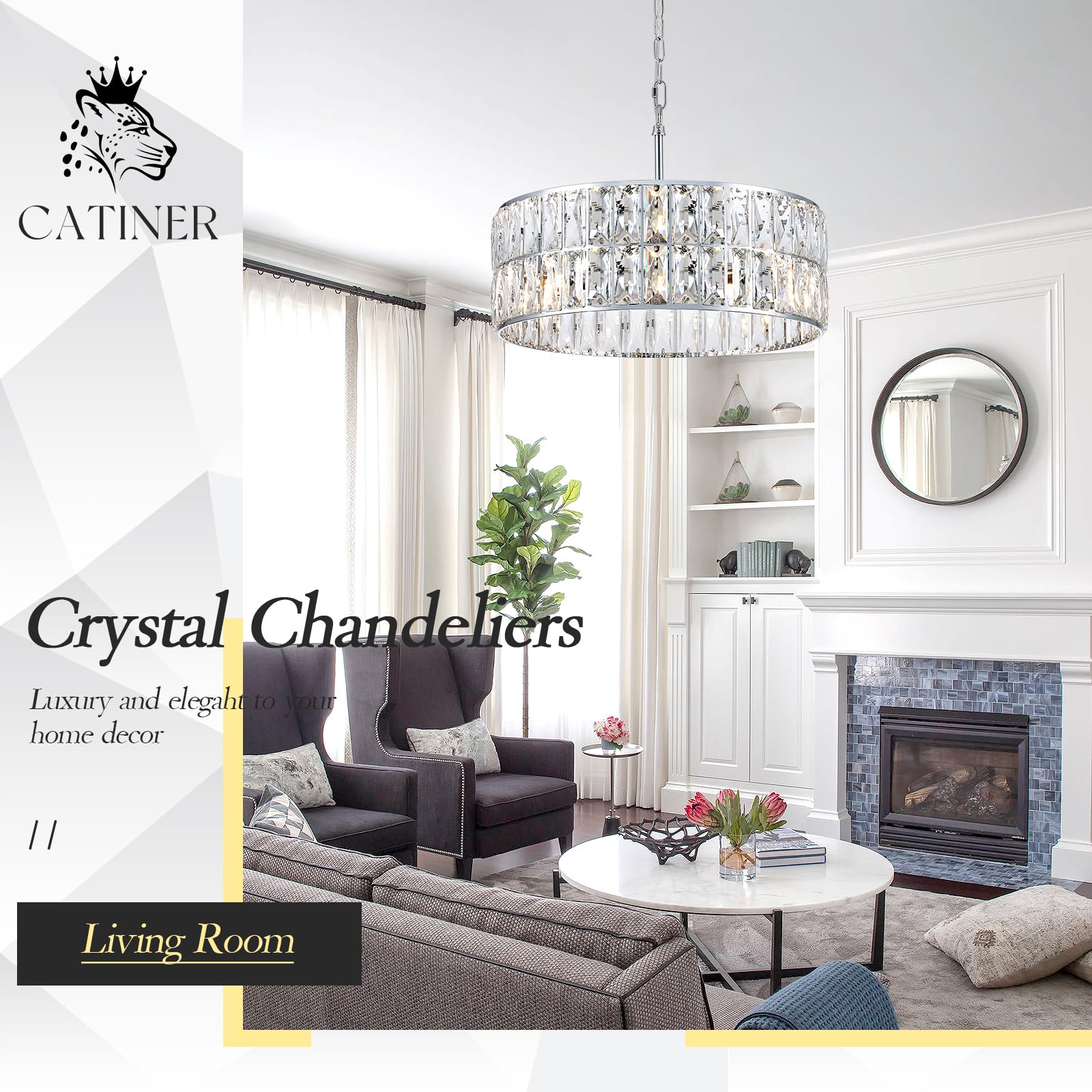 Catiner Modern Crystal Chandelier 18 Chrome Semi Flush Mount Ceiling Light Fixtures 6-Lights Drum Crystal Pendant Lighting For Dining Room Foyer Bedroom Living Room