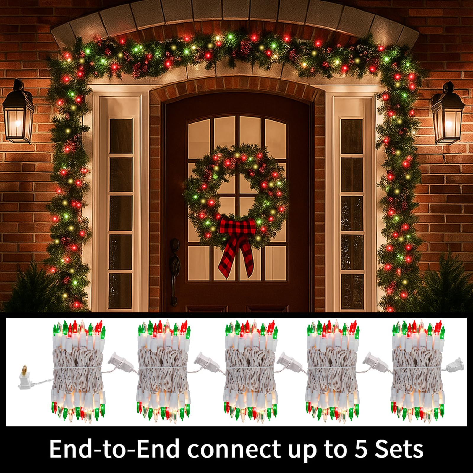 LAMPHOME Christmas Lights - 100 Mini Bulbs, 19.6ft, UL Certified, Red Green Clear, Extendable String Lights for Outdoor Decor