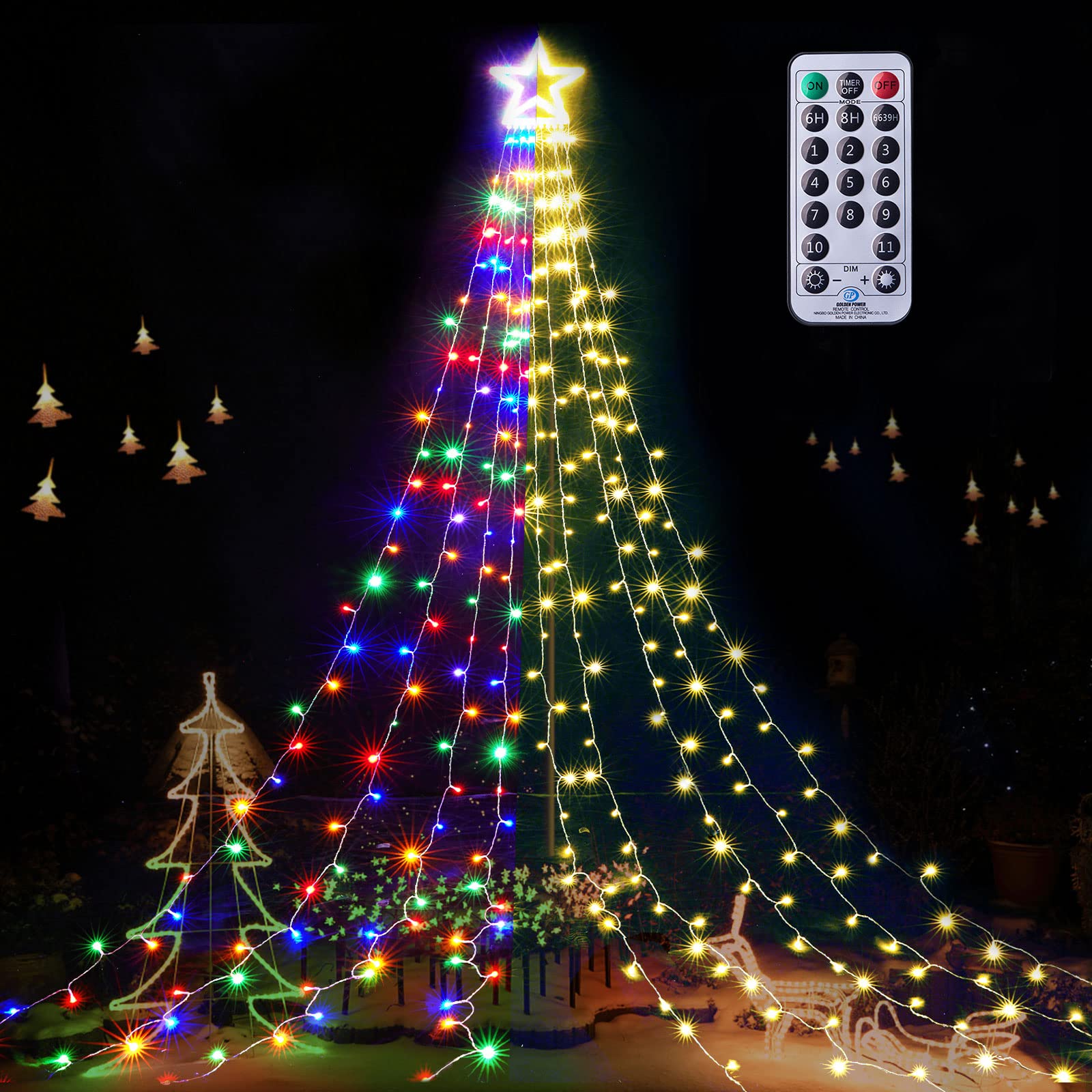 BlcTec Outdoor Christmas Decorations with Remote, 317 LED Color Changing Christmas Lights with 9 Strands 11.9ft Waterfall Lights