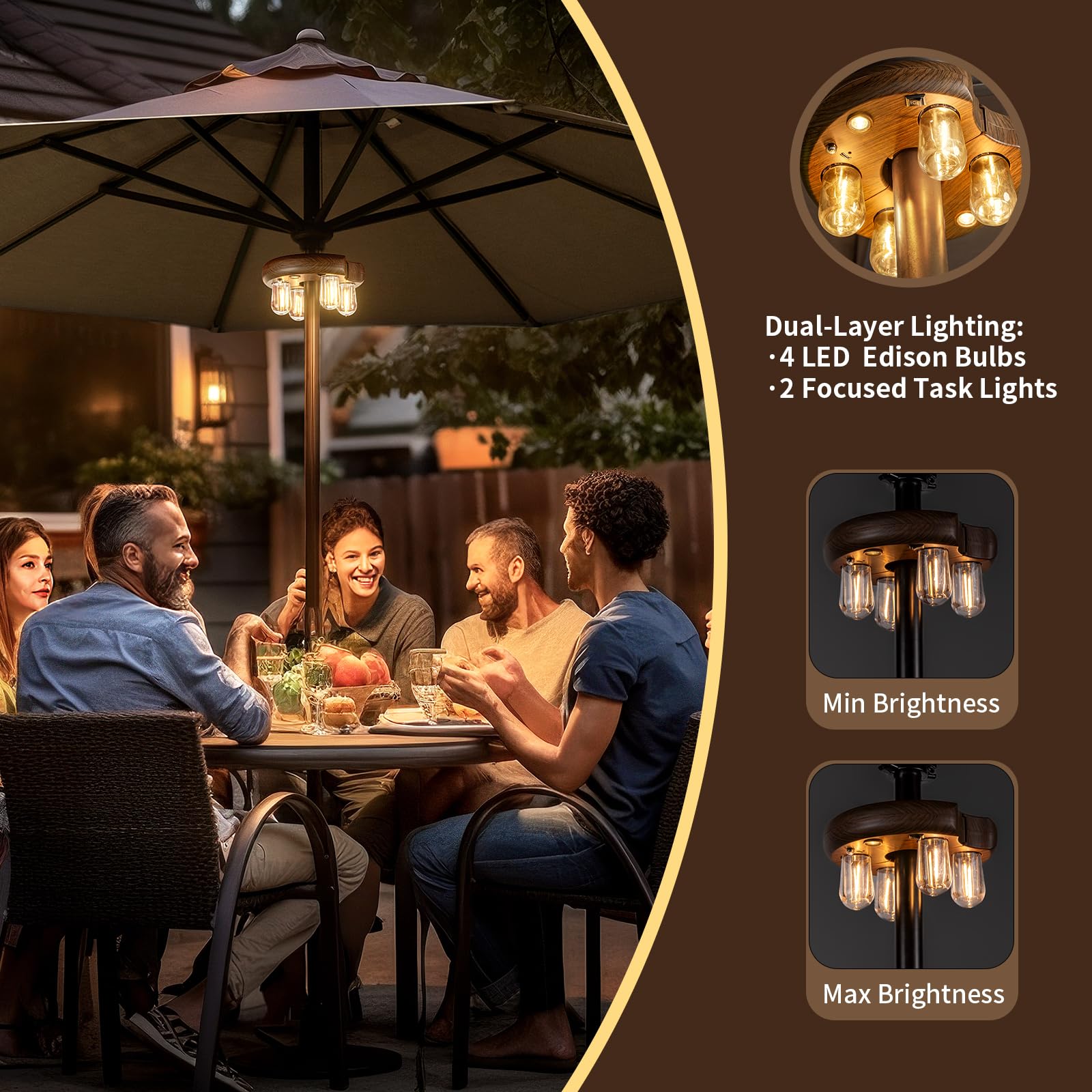 OPOIRA Dark Wood Grain Patio Umbrella Light, Remote Control, Rechargeable LED Edison Bulbs, 10 Brightness Levels, 2 Pack