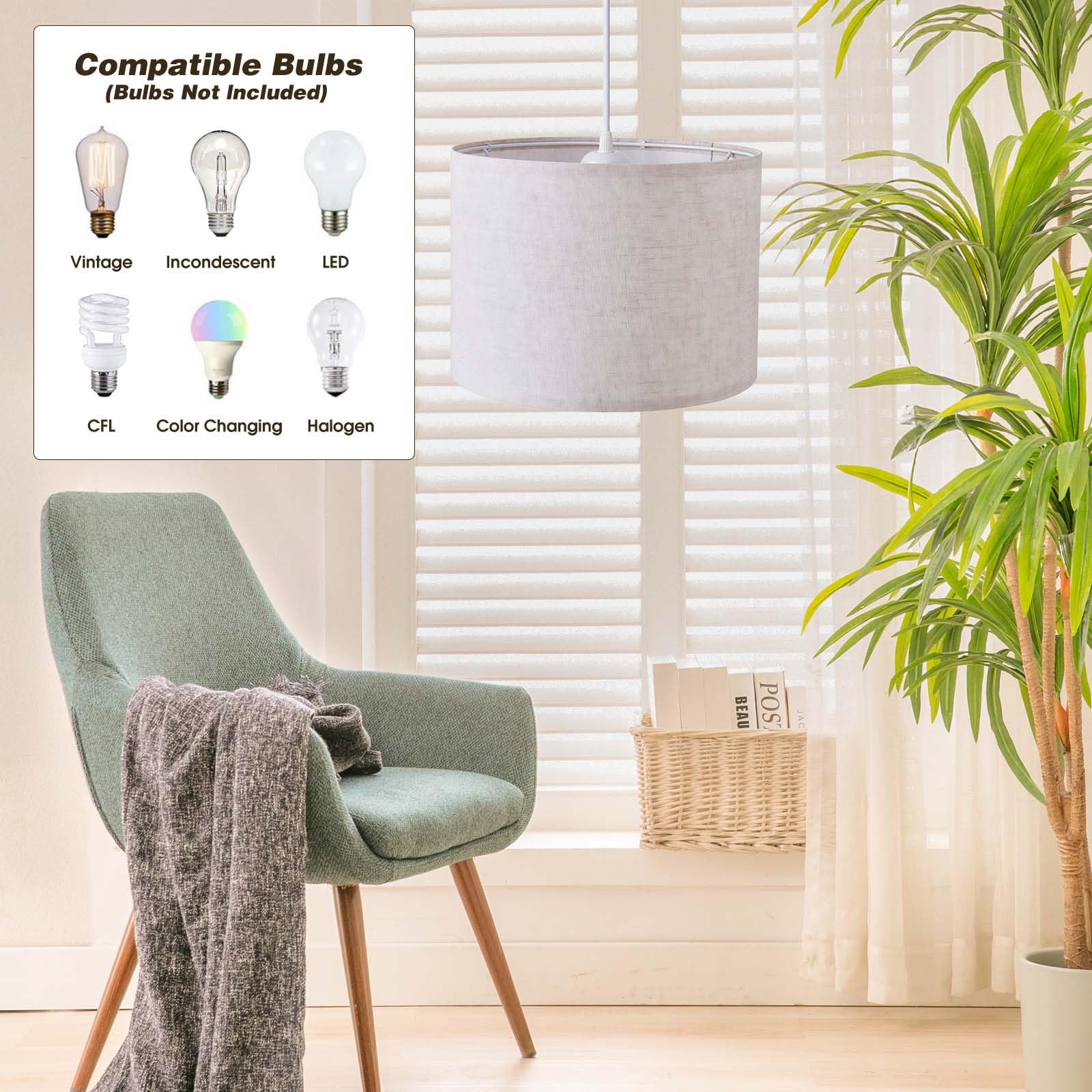 KUAUGST Plug in Pendant Light, 15 FT Cord with On/Off Switch, Beige Linen Fabric Shade, Model Plug in Pendant Light-07