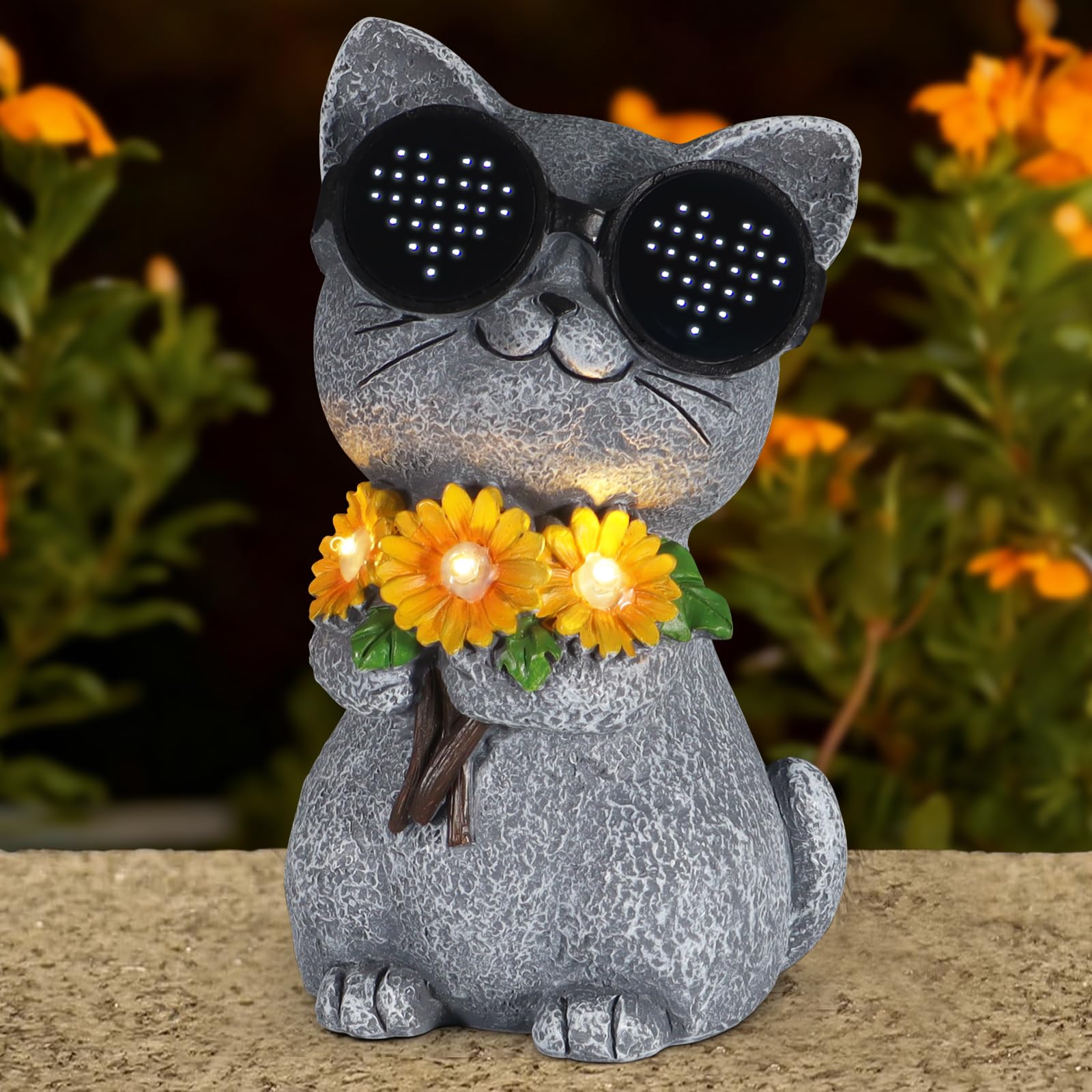 Pawatee Solar Garden Statues Cat With Daisy And Led Lights Birthday Gifts For Women Mom Grandma Solar Outdoor Decor For Patio Backyard Yard Lawn Decoration-Unique Housewarming Gifts
