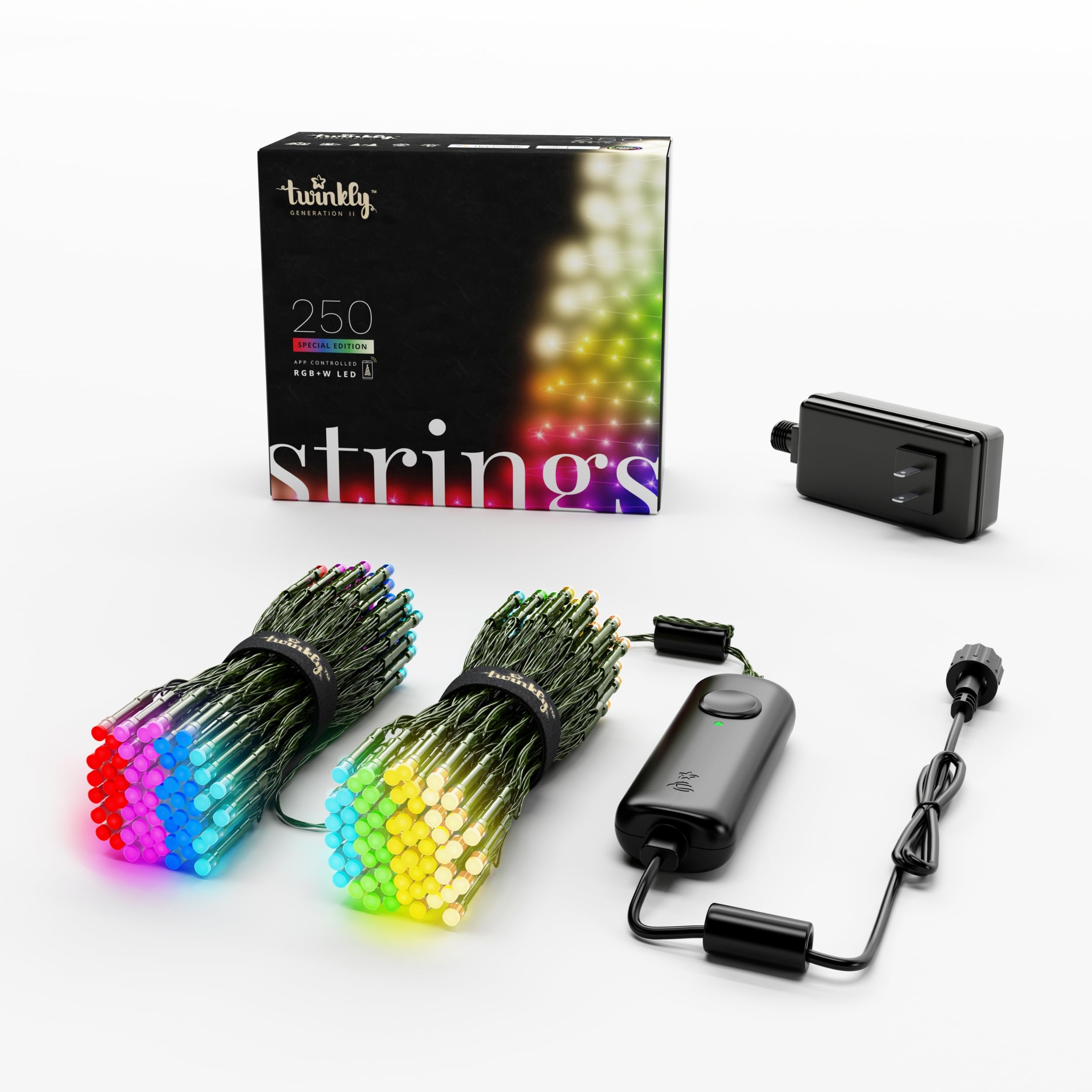 Twinkly Strings 250 LED RGB+White, in- and Outdoor LED Light String, Smart Multicolor LED Lights, Mappable LEDs, Compatible with Alexa and Google Home, IP44, Green Wire, 65ft
