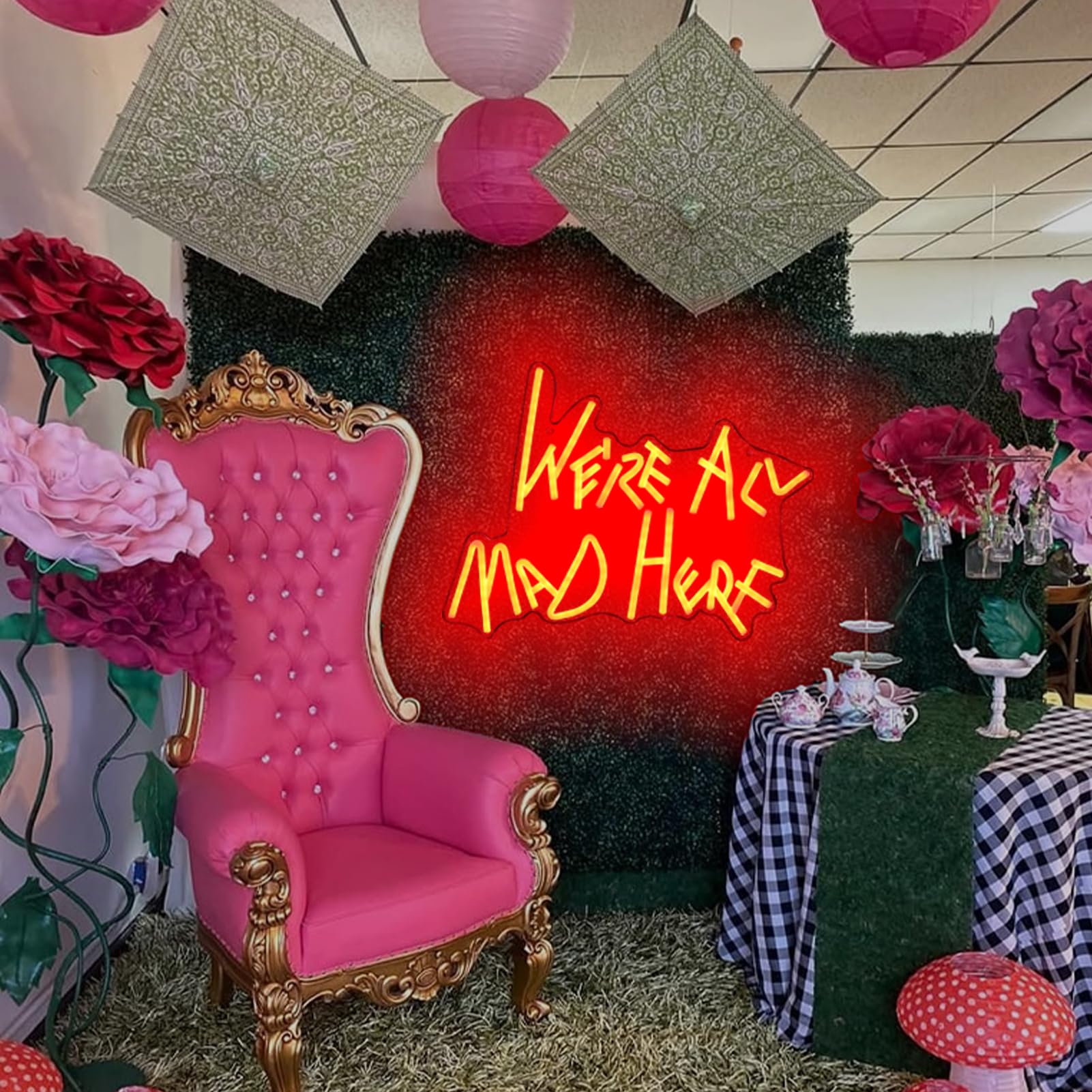 We Re All Mad Here Neon Signs/ 14 * 12 Inch/Alice In Wonderland Party Decor  Mad Hatter Tea Party Neon Lights With Diimer Switch For Bedroom Bar Home Dorm Birthday Gifts