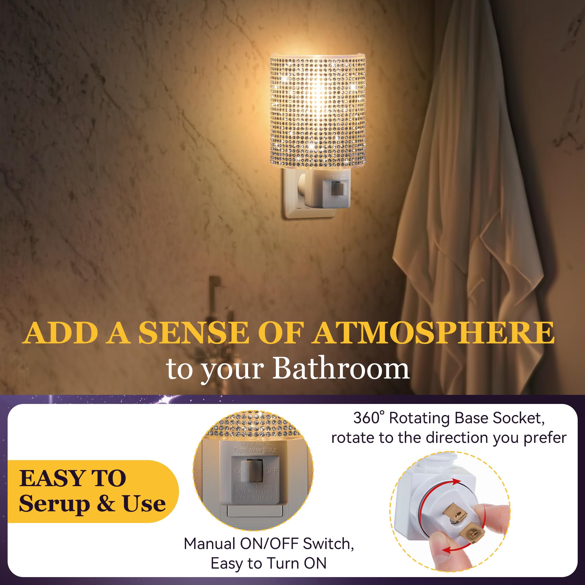 ElectricWise Warm White Crystal Decoration Night Light, Plug-In with Manual Switch & 360° Swivel for Bedroom Decor