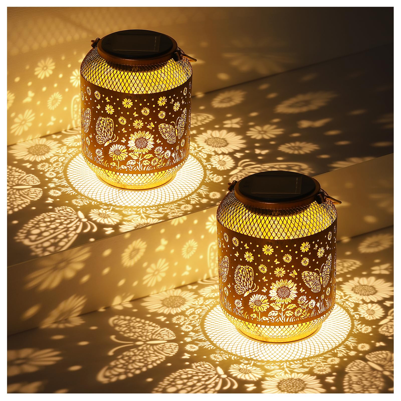 2 Pack Solar Lanterns Outdoor Waterproof Butterfly Garden Decor Birthday Gifts for Women Mom Grandma Hanging Solar Lights Metal 