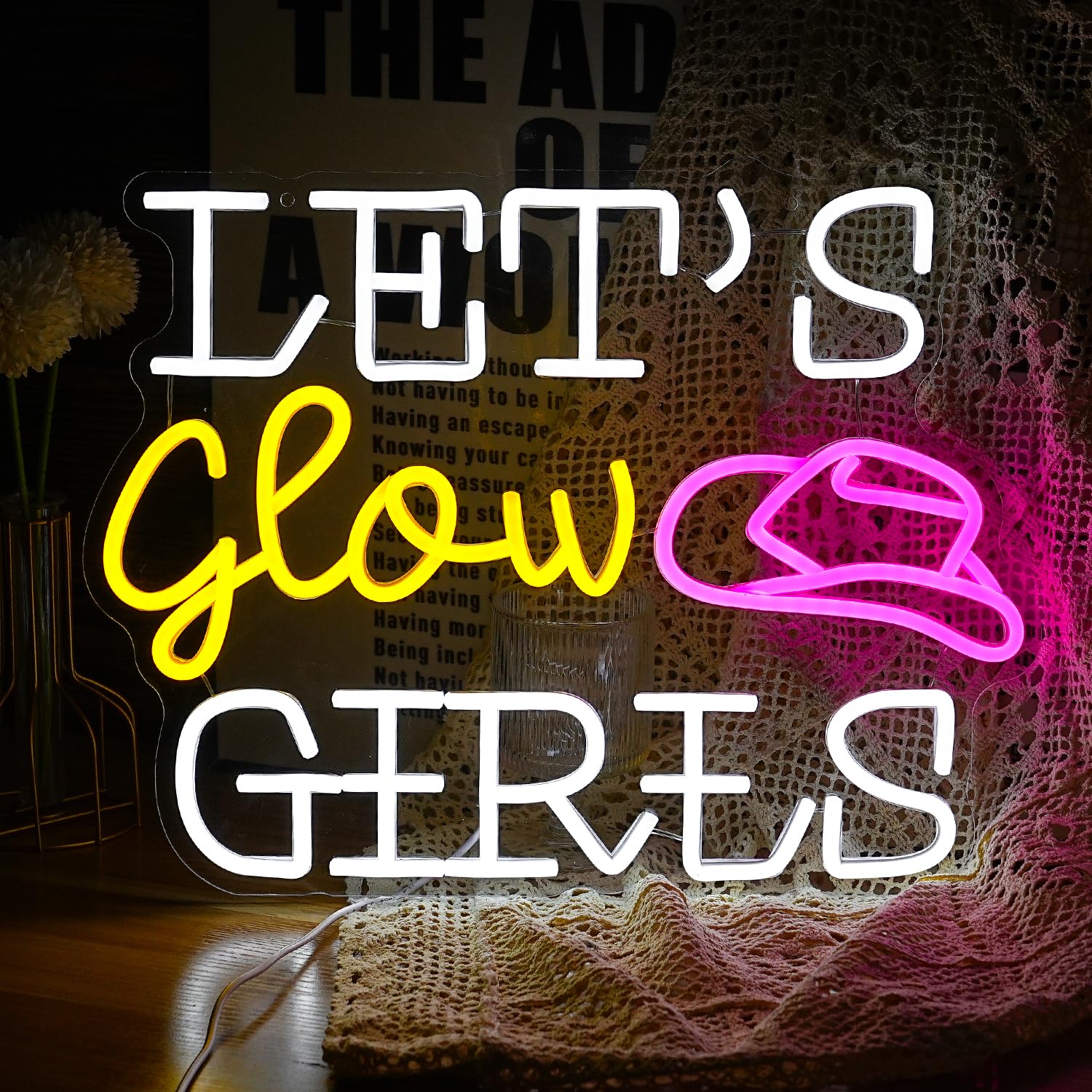 GNVETZLL Neon Sign for Wall Decor, Dimmable LED Cowboy Hat Light, 16.5in x 12.2in, White Yellow Pink, Girls Room Bedroom Party Wedding Gifts