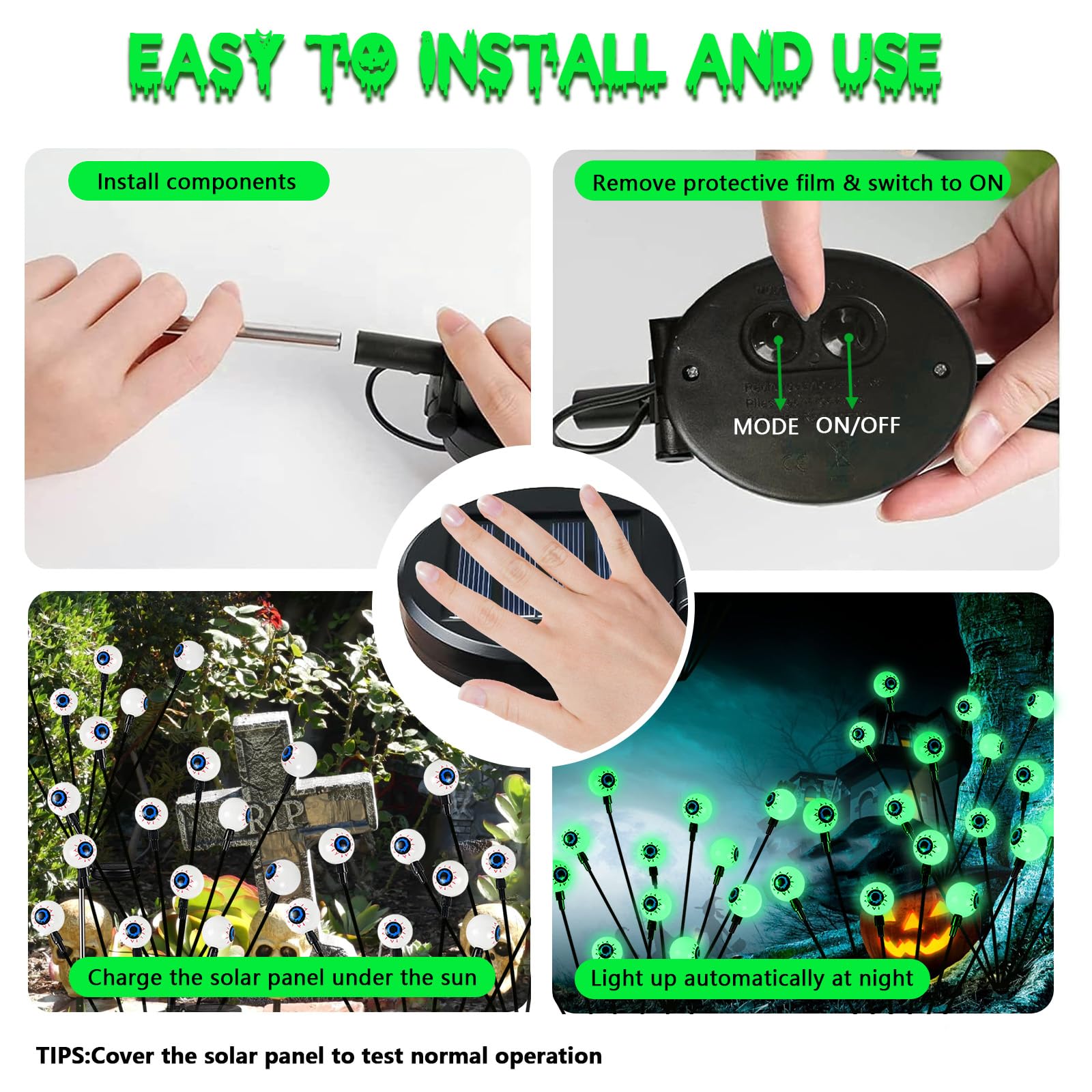 YIQU Solar Eyeball Lights - 24 LED Green, 4 Pack, Waterproof, 2 Lighting Modes for Outdoor Halloween Decorations