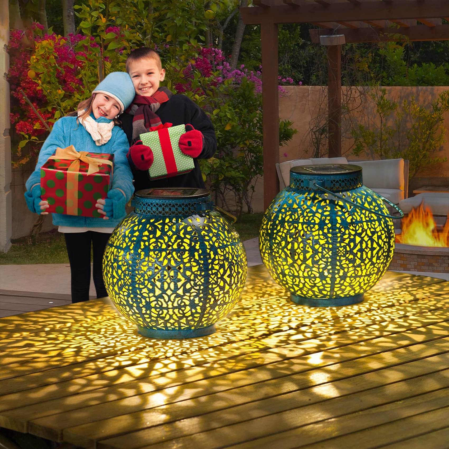TAKE ME Solar Lanterns Outdoor Lights Waterproof Metal Garden Lanterns Set of 2 Blue Model CKDD69