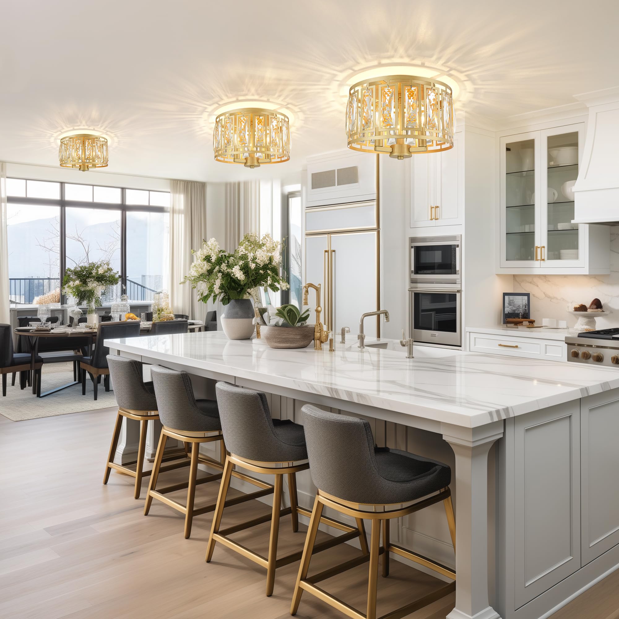 Gold Crystal Flush Mount Ceiling Light, Mini Chandelier Crystal Ceiling Light Fixture For Entryway Bedroom Barthroom Hallway Clo