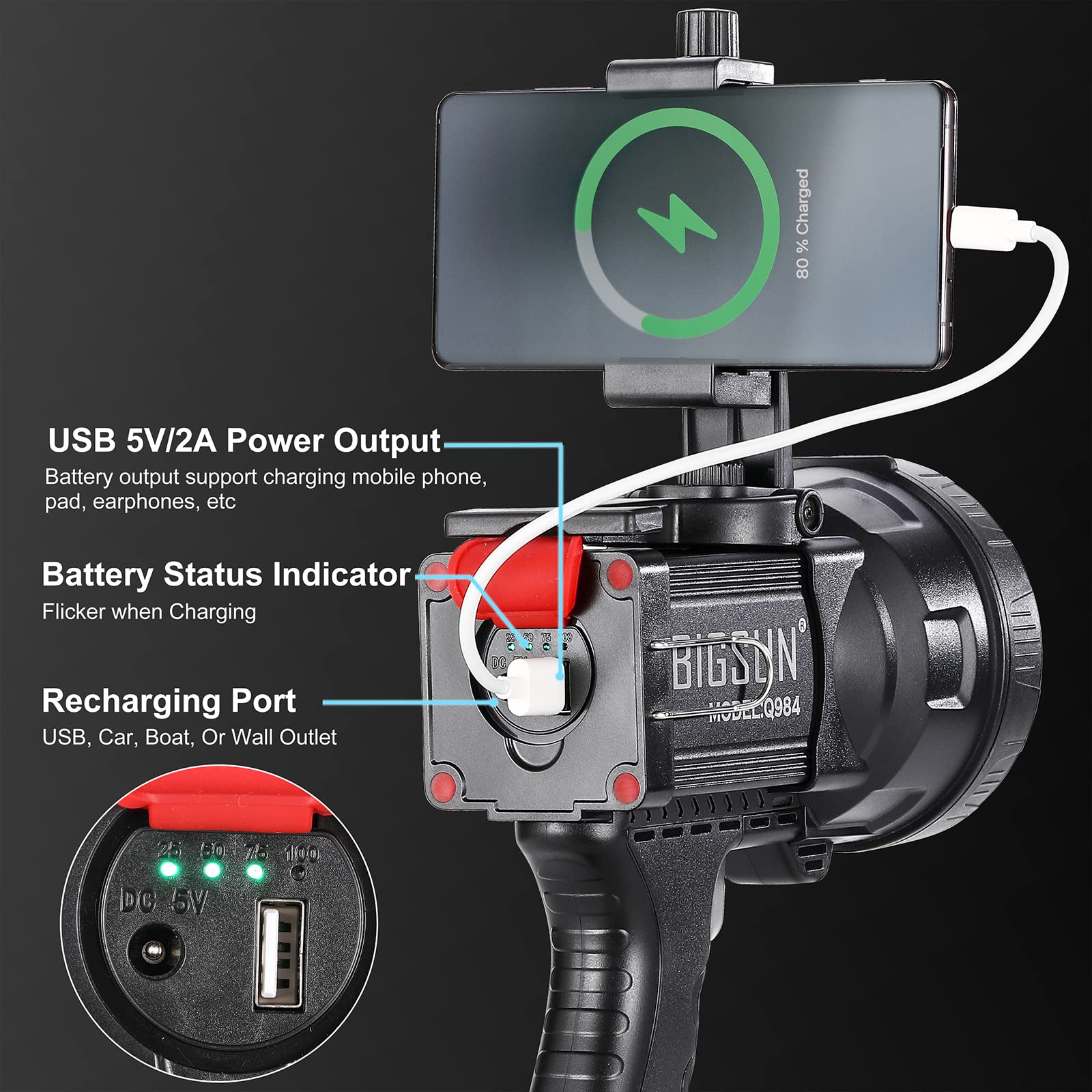 Bigsun 4 Colors Spotlight, High Lumen Flashlight 1200,000 Led With Phone Holder, Rechargeable 14000 Mah, White/Red/Green/Yellow