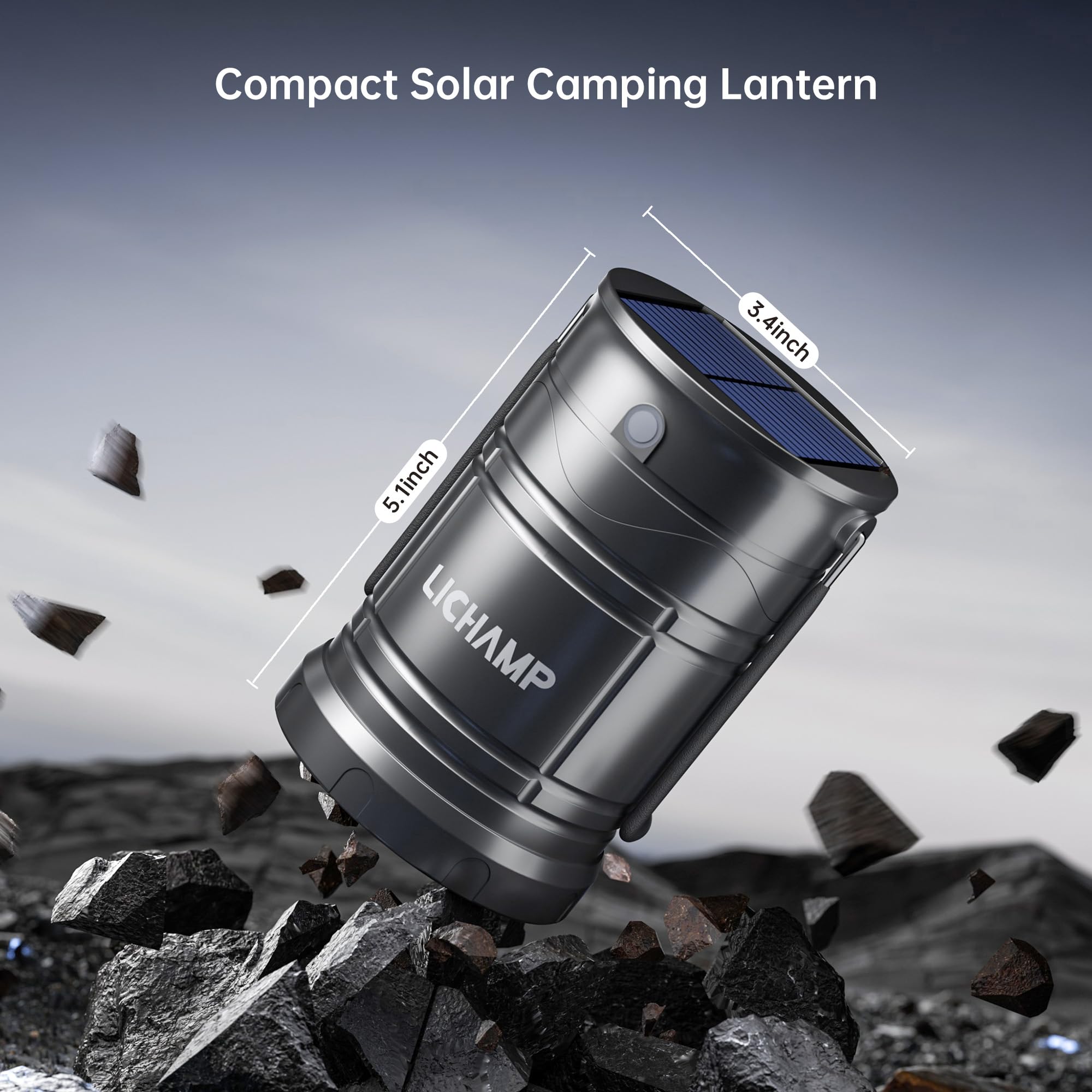 Lichamp Solar Camping Lantern 2-Pack, USB Rechargeable LED, ABS, Dark Gray, Model CLS-K002GH, Emergency Indoor & Outdoor Use
