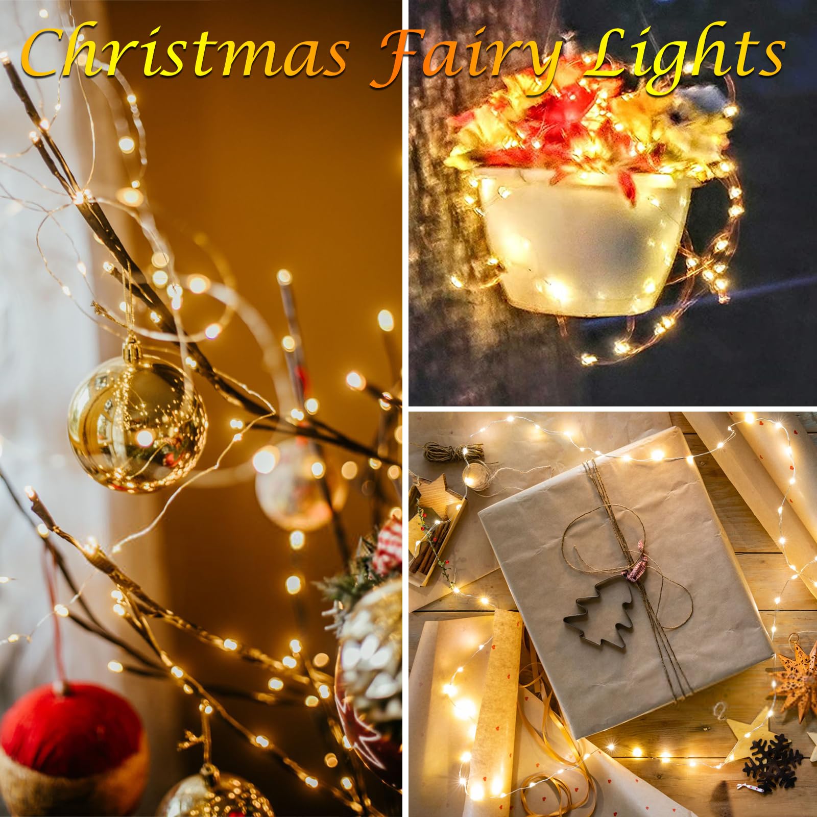 6 Pack Fairy Twinkle Lights Battery Operated, 3 Pack Cool Whie & 3 Pack Warm White Each 20Ft 60 Led Waterproof Outdoor Christmas