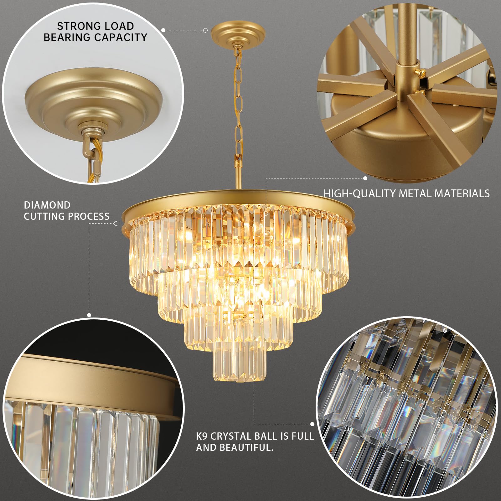 Crystal Chandeliers For Dining Room Lights Fixture Over Table  15 Lights Gold Modern Chandeliers For Living Room  4-Tier Round Crystal Lighting Fixtures For Bedroom Entryway Kitchen Island D24 Inch