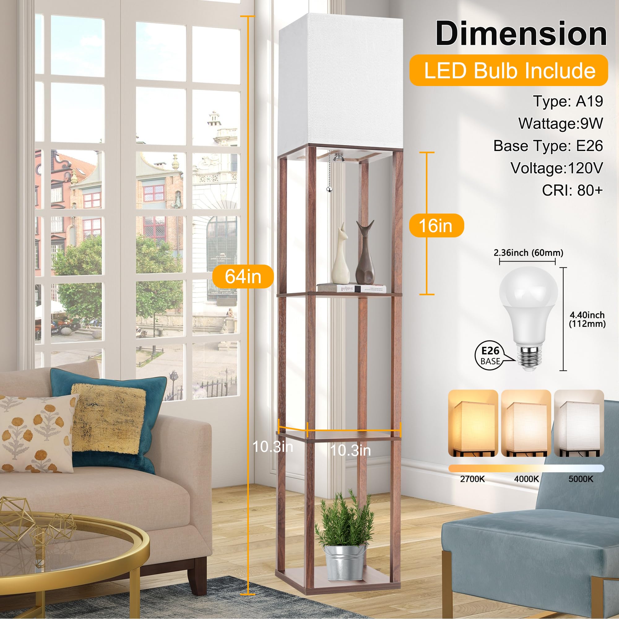 Floor Lamp With Shelves For Living Room Walnut Brown, Shelf Floor Lamp With 3 Cct Led Bulb, Corner Display Standing Column Lamp