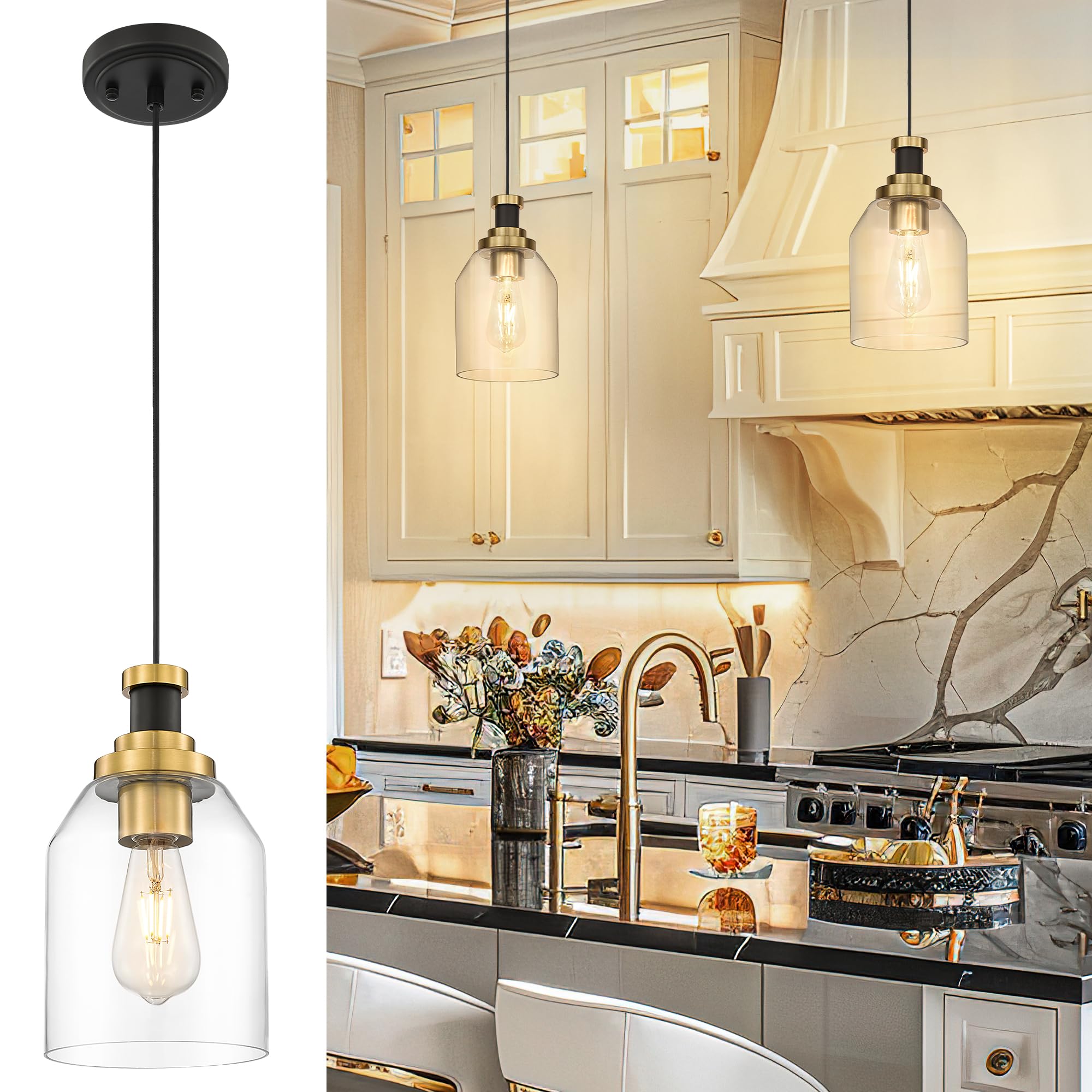 zeyu Large Pendant Lights Kitchen Island, 1-Light Clear Hanging Lights, Clear Glass Shade, Black and Gold Finish, ZG33M1L-L BK+B