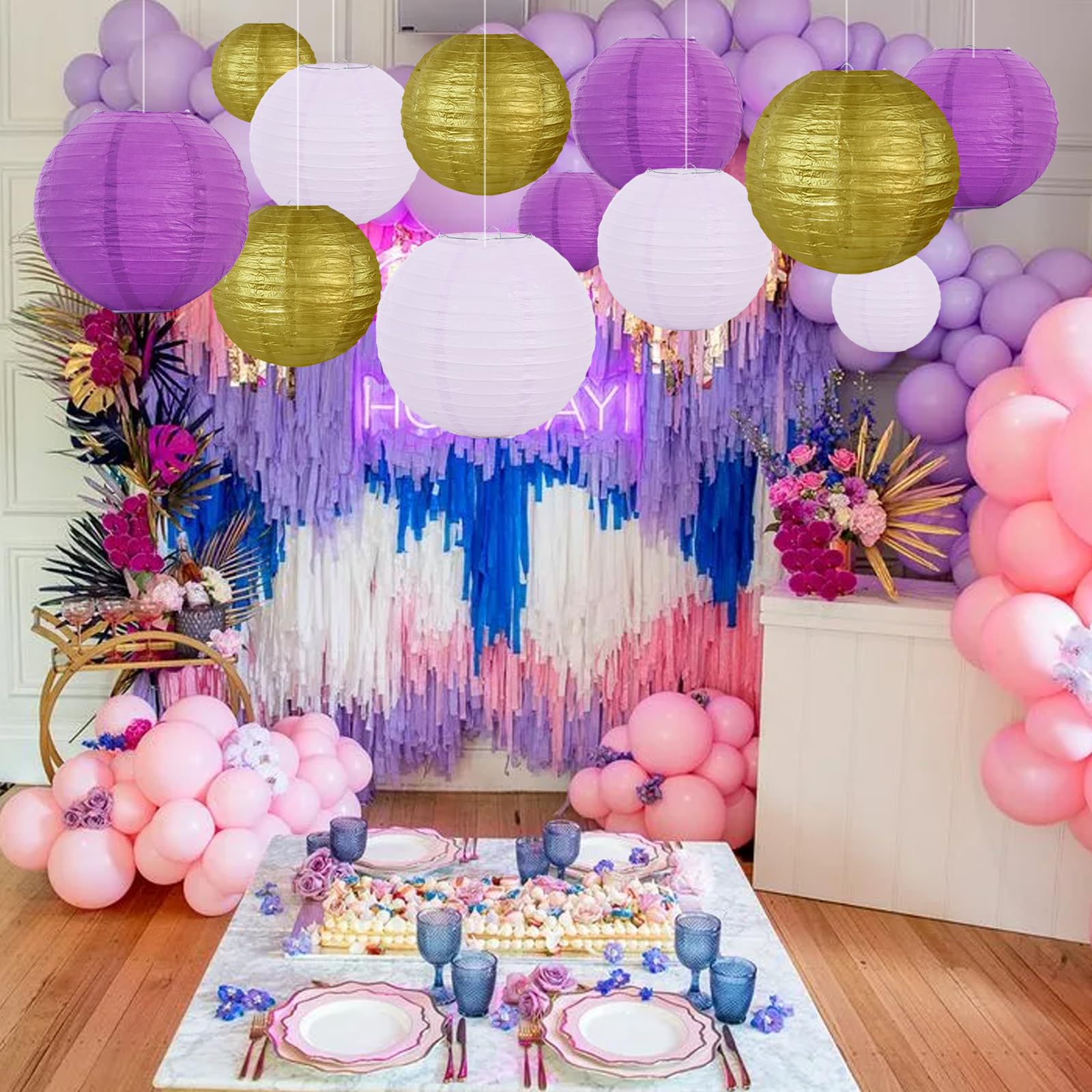 Beishida 16 Pcs Purple Gold Paper Lanterns,Hanging Decorative Chinese Japanese Round Paper Lantern Lamp For Graduation Bachelore