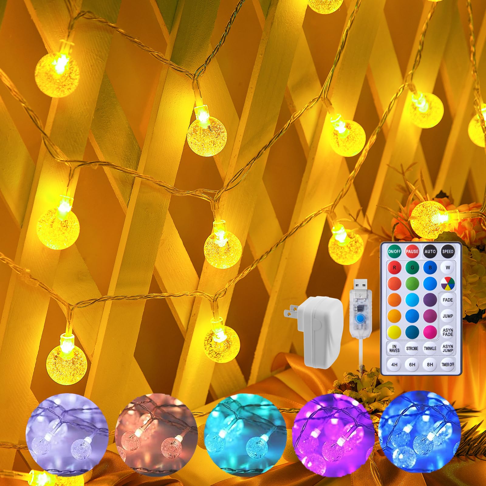 Minetom Crystal Globe String Lights, 33ft, 100 LED, USB, Waterproof, Remote, Timer, 16 Colors, Multicolor, RGB