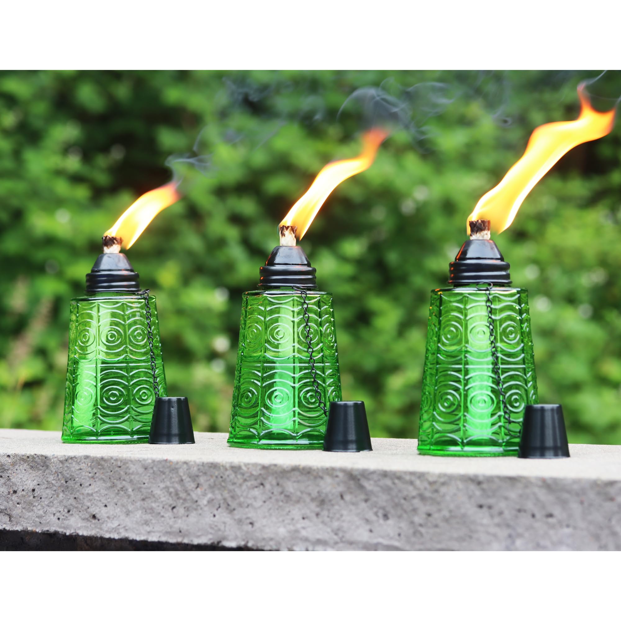 Seraphic Citronella Tiki Torches Set of 3, 16oz Decorative Glass, Green for Outdoor Patio, Deck, Garden, Parties