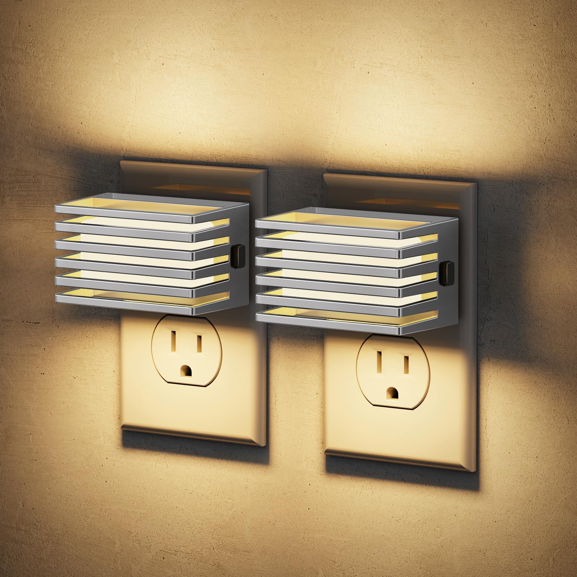 JandCase LED Night Light, Dimmable Soft White, 2 Pack, Warm Silver Shade, with Dusk to Dawn Sensor for Bedroom and Bathroom