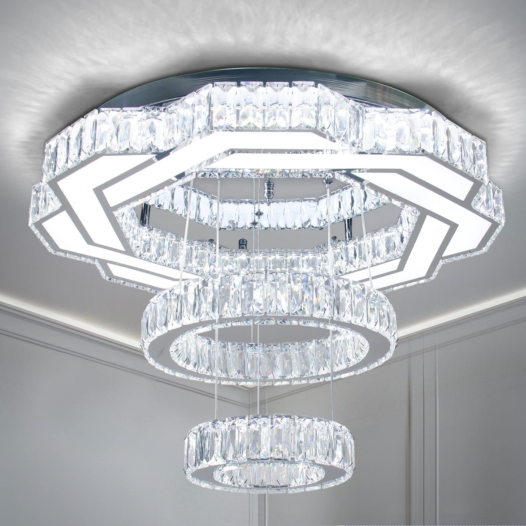 xychfantligh 22.5'' Crystal Chandeliers Living Room Modern Chandelier Crystal Ceiling Light LED 2 Rings Pendant Light Flush Moun