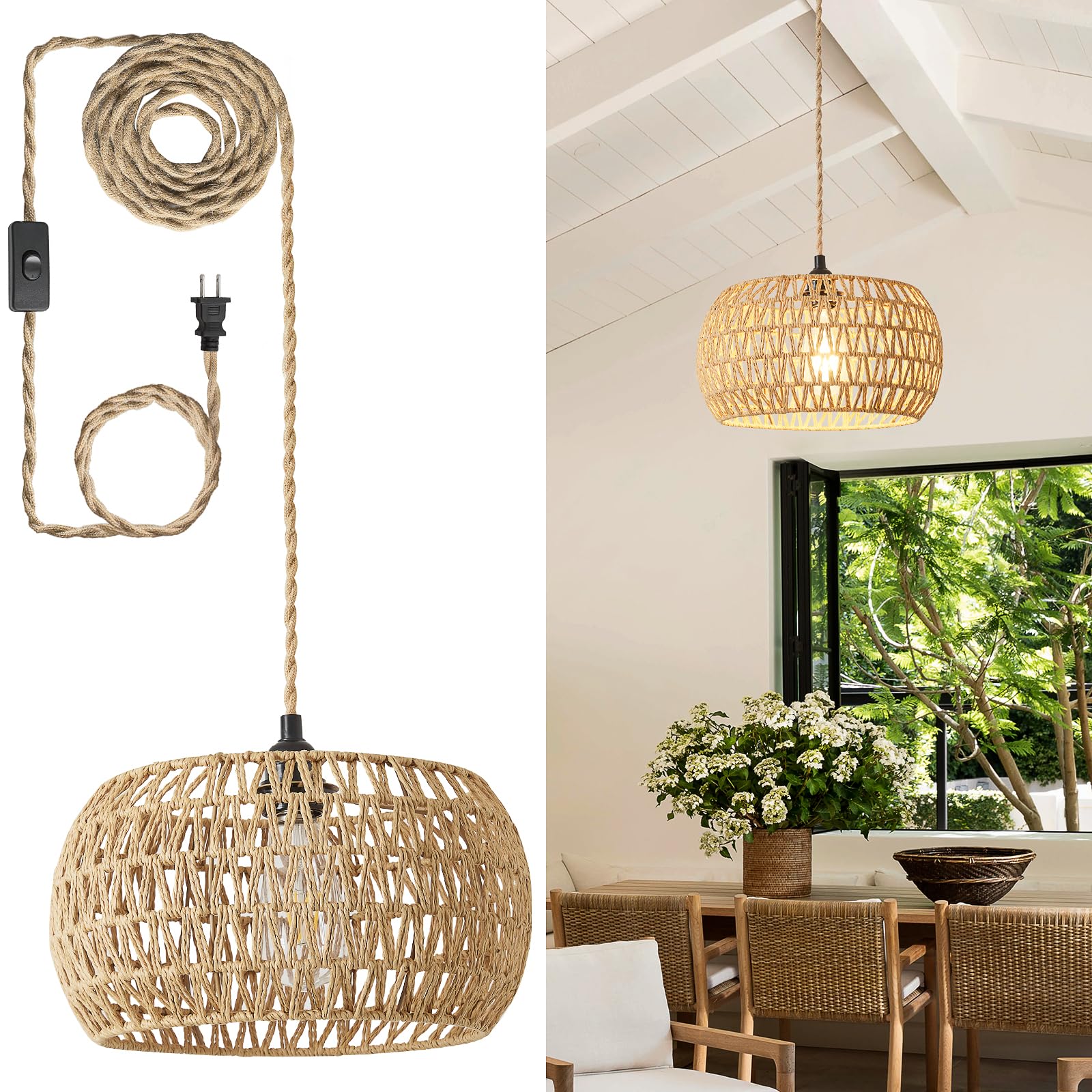 Rattan Boho Hanging Light,12.6'' Natural Hand Woven Fabric Drum Light,Plug Into Wall Outlet Pendant Light Fixture On/Off Switch 