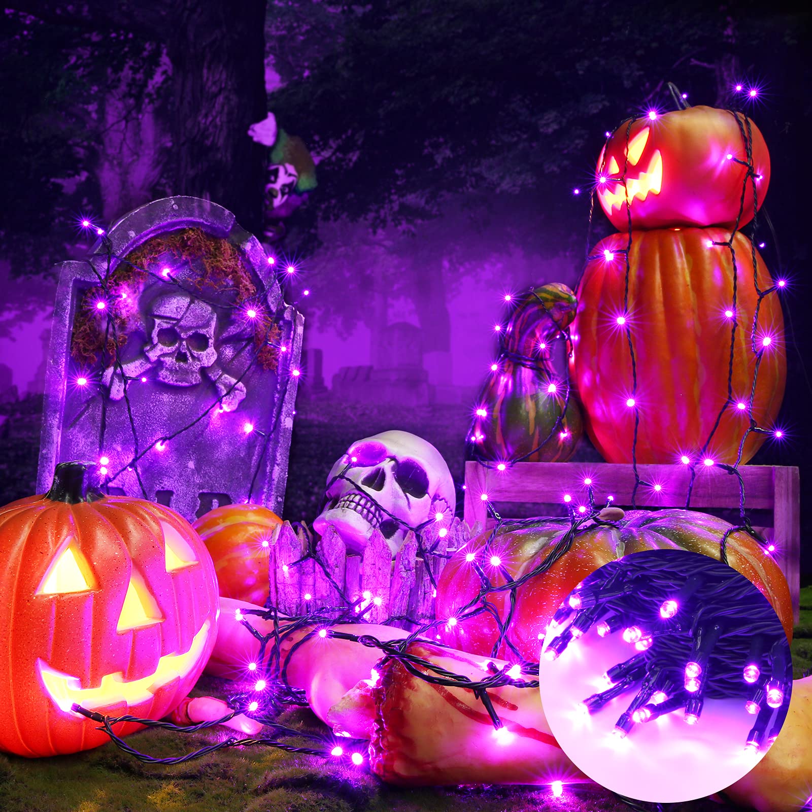 Jnaurb Purple Halloween String Lights, 300 LED, 114ft, Waterproof, 8 Modes, Indoor/Outdoor Decorations, Model JT-ELFC300V0200-C