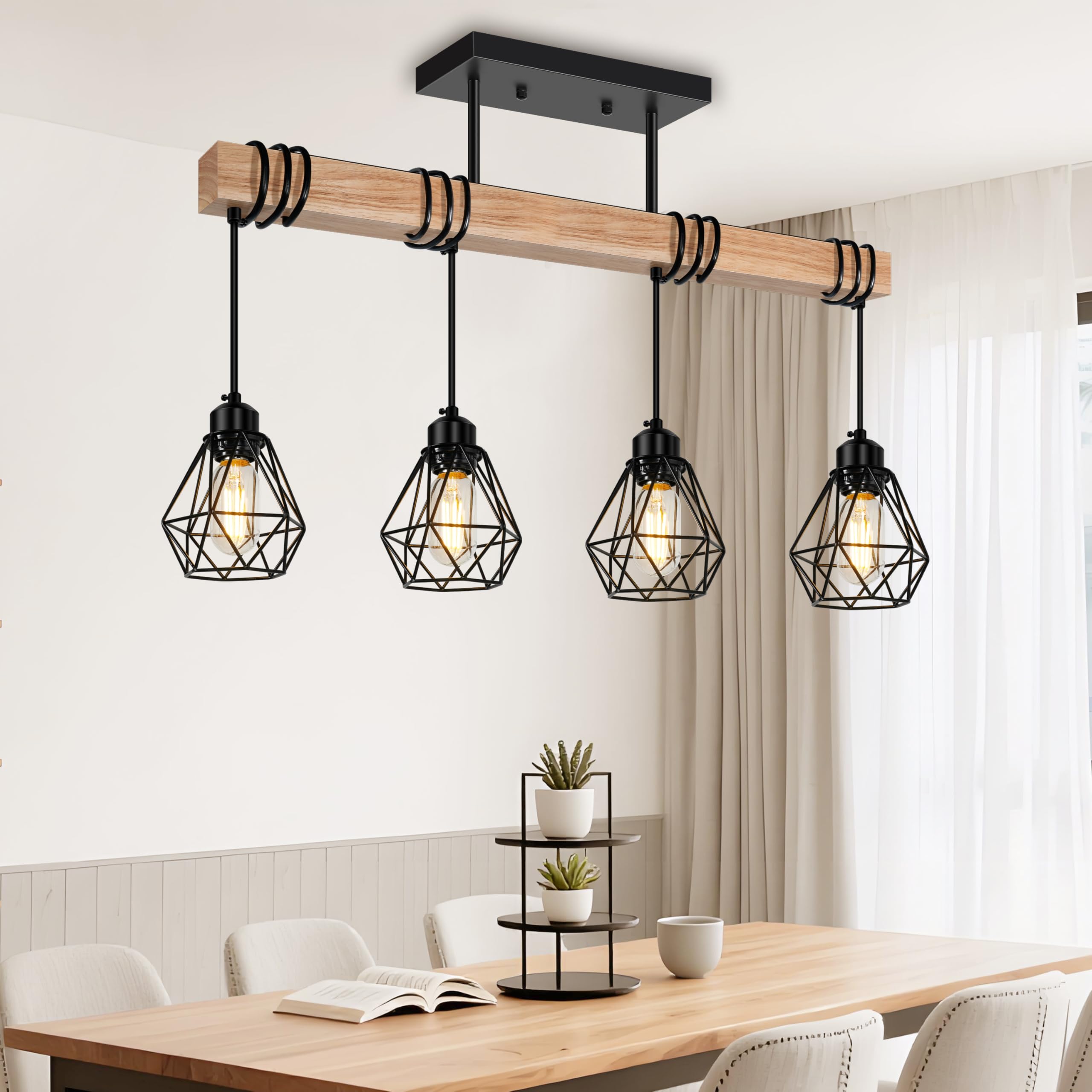 Feanron 4-Lights Farmhouse Wood Kitchen Island Lighting  23.6 Dining Room Light Fixtures Chandelier Over Table  Rustic Black Cage Pendant Lights Ceiling Hanging For Pool Table  Living Room  Hallway