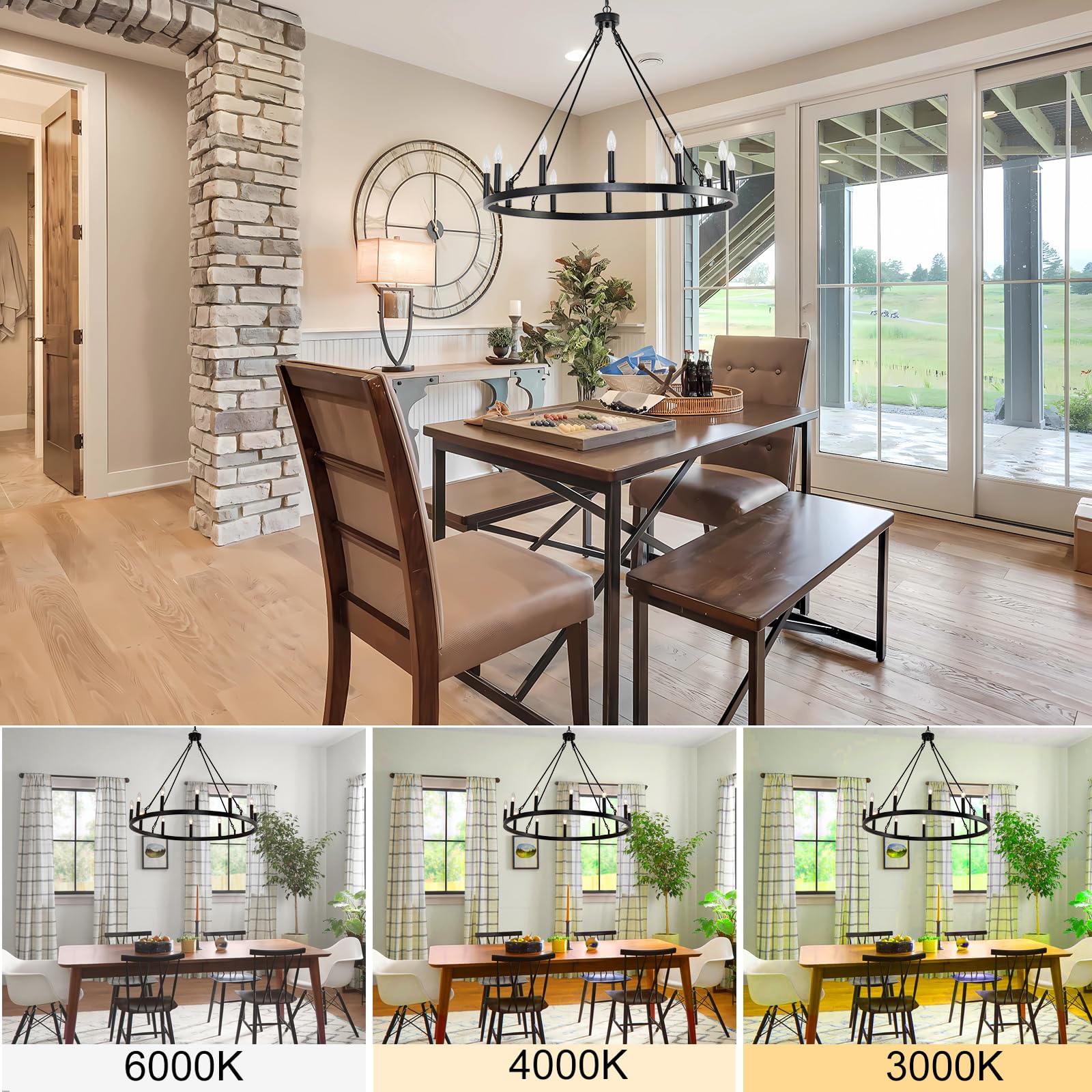 Baoure 38 Inch Black Wagon Wheel Chandelier, 12-Light Farmhouse Industrial Round Wagon Wheel Chandelier For Outdoor Porch Living Room Hallway Foyer