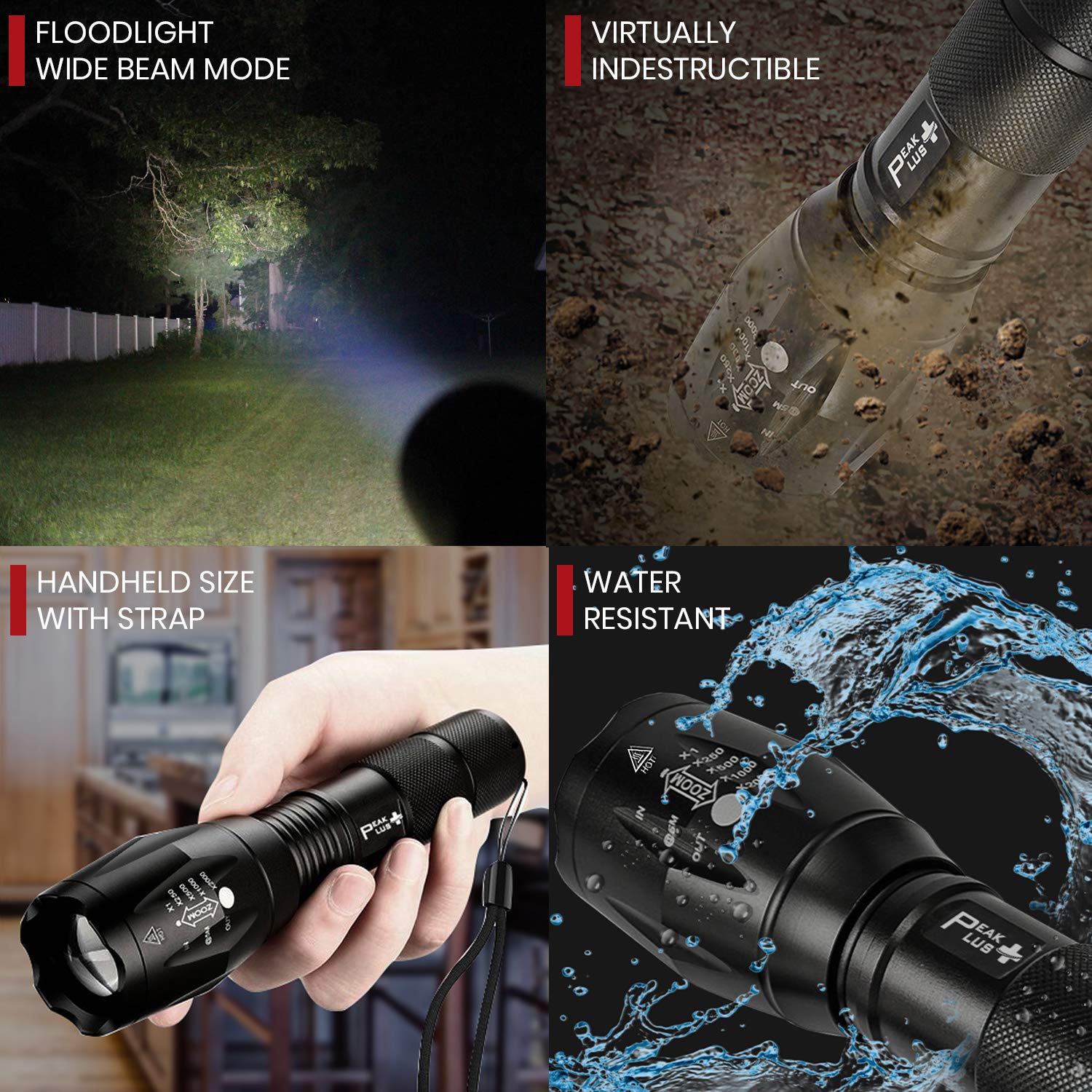PeakPlus Rechargeable Tactical Flashlight LFX1000 - High Lumens LED, Zoomable, Water Resistant, Small, Black, Aluminum
