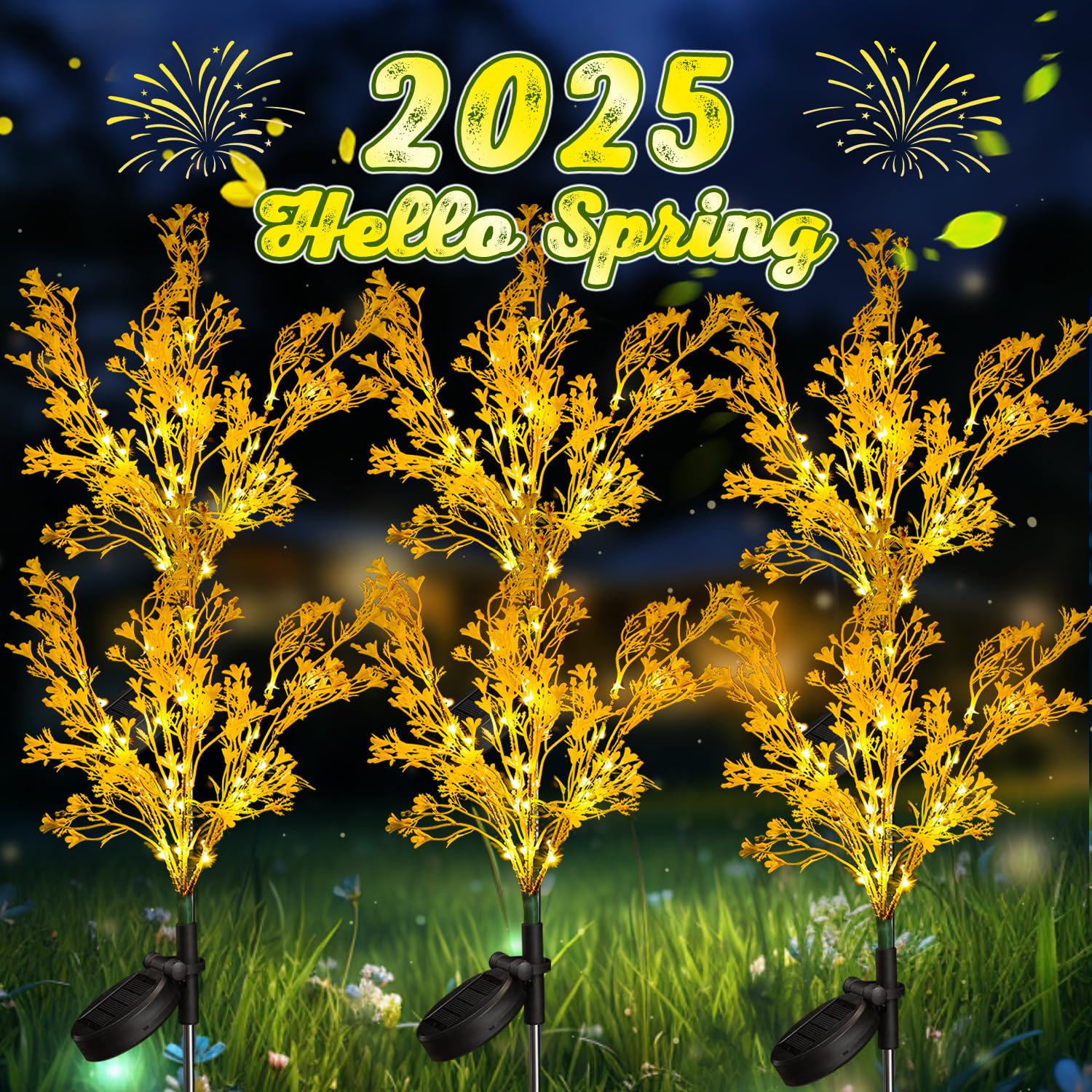 Neporal Solar Flowers Lights, 6PK, Waterproof 7-Stems, Golden Plastic, Outdoor Garden Decor
