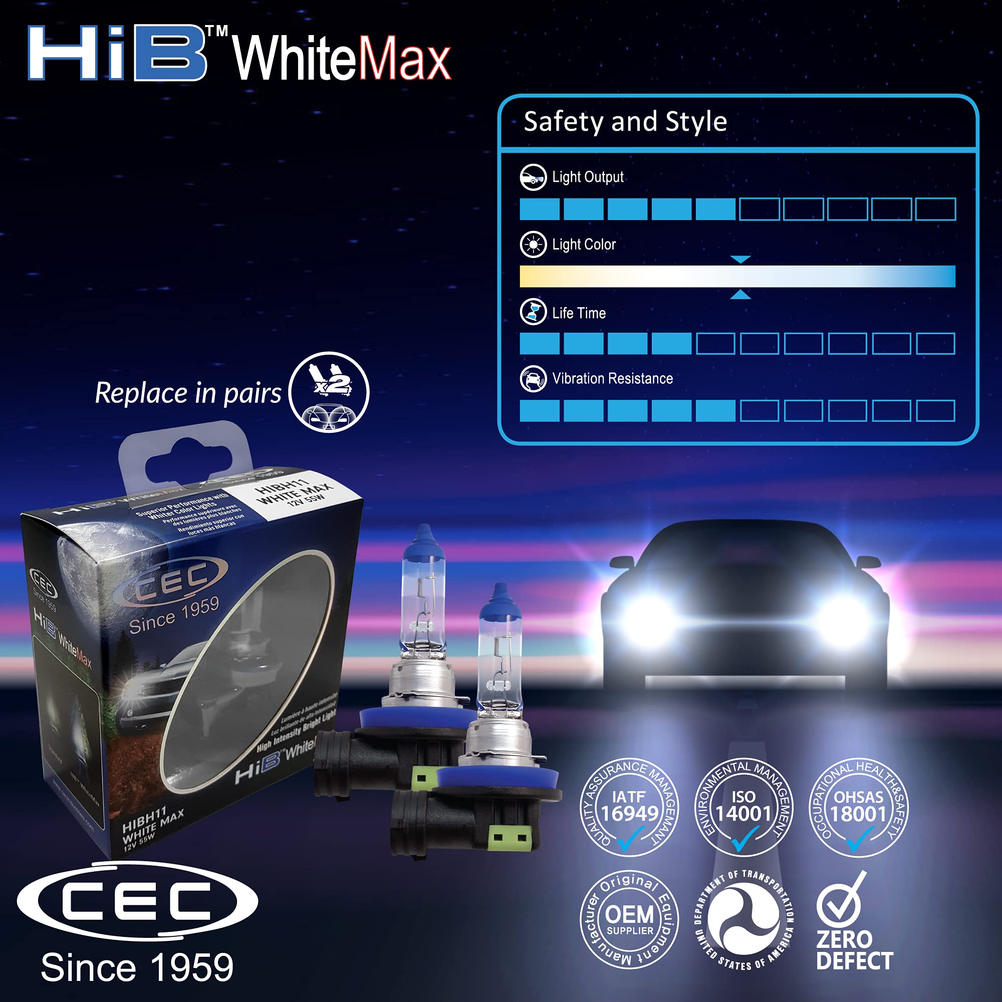 CEC H11 Fog Light Lamp 2-Pack, 12V 55W, White Light, Model HIBH11 WM, Metal