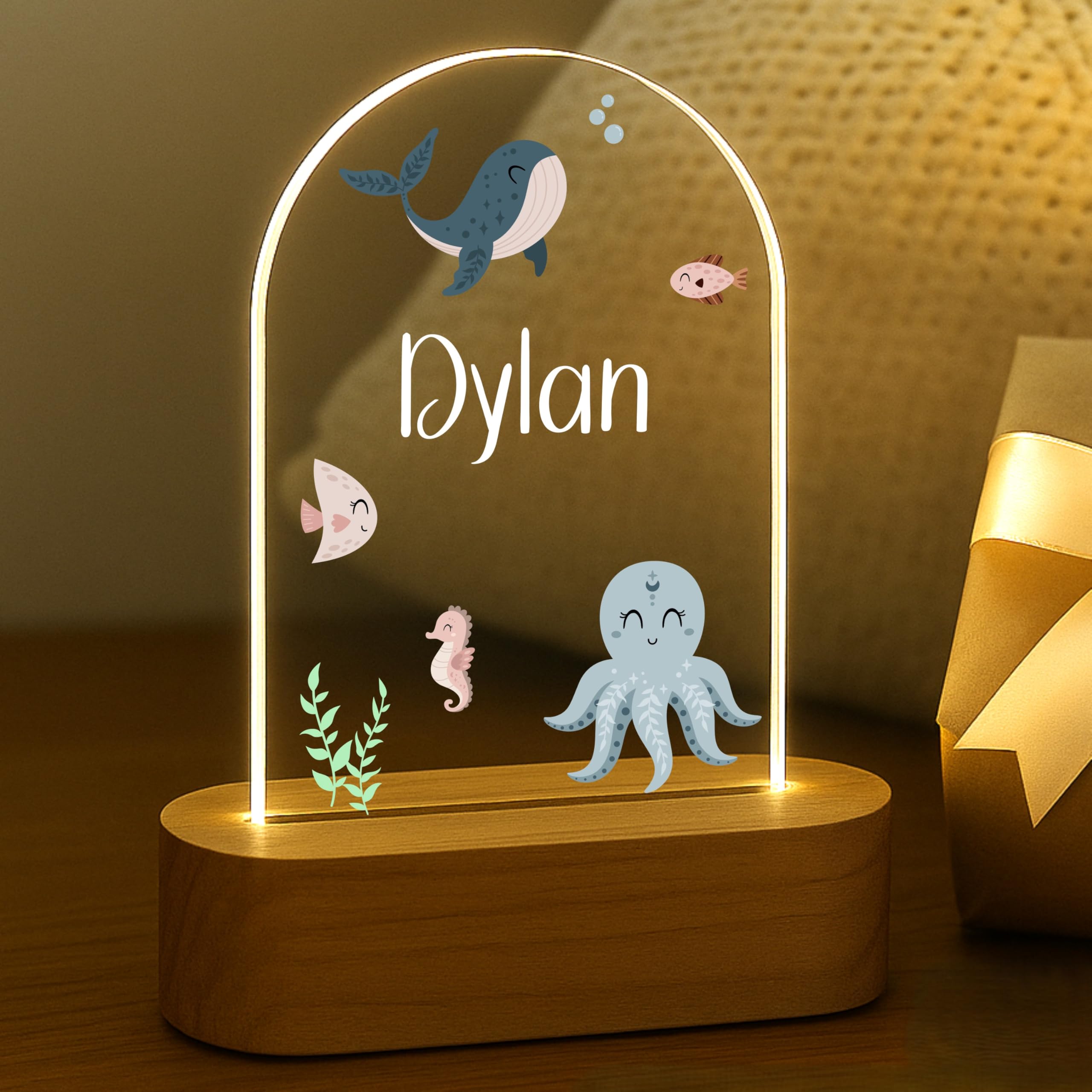 Personalized Ocean Baby Night Light for Kids | Custom Name Ocean Nursery Decor | Cute 7-Color Plug-in LED Arch-Shaped Nightlight