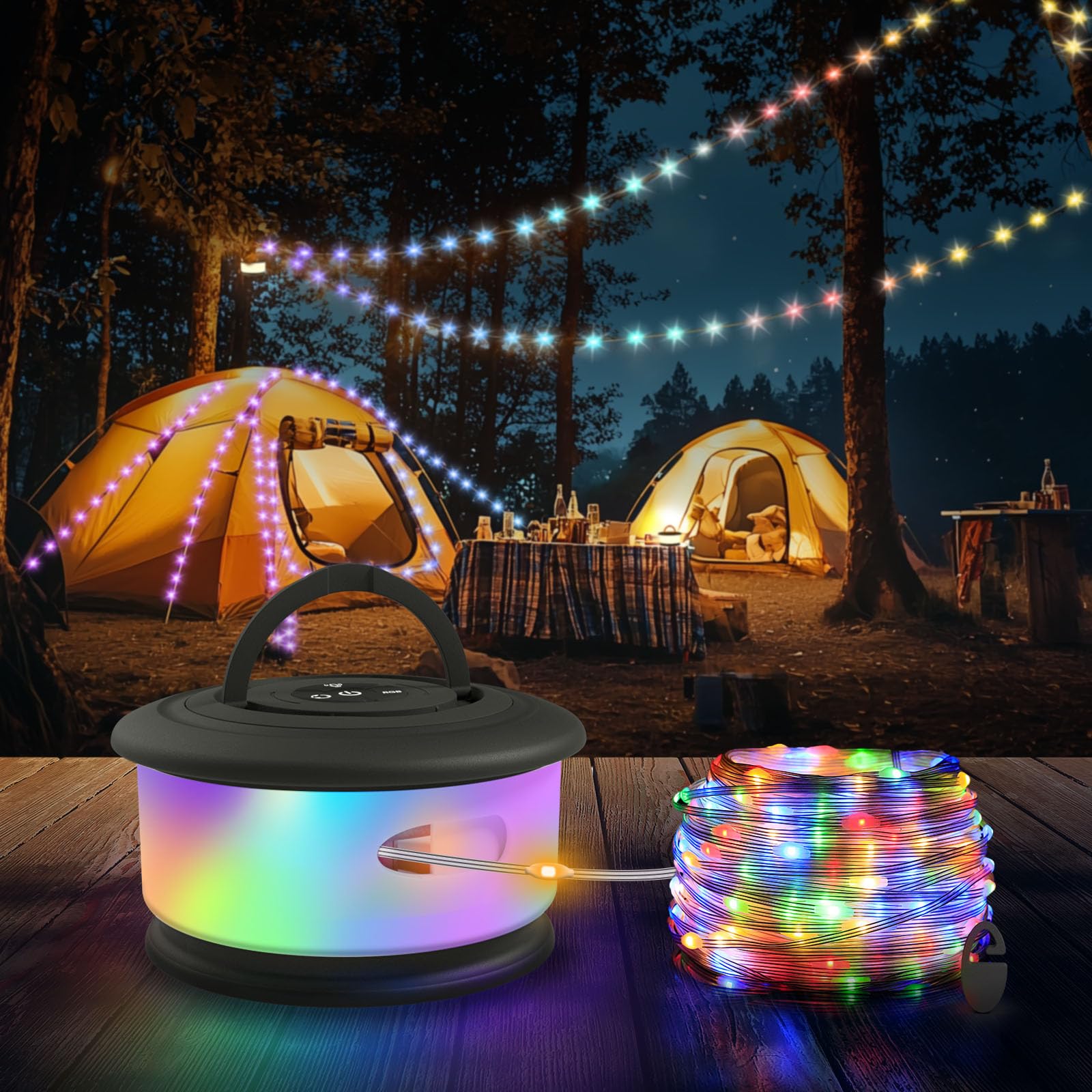 TOHETO Camping String Lights, 3 in 1 Retractable RGB, 19 Lighting Modes, 32.8 FT, Rechargeable, Black, Model JSK-L26