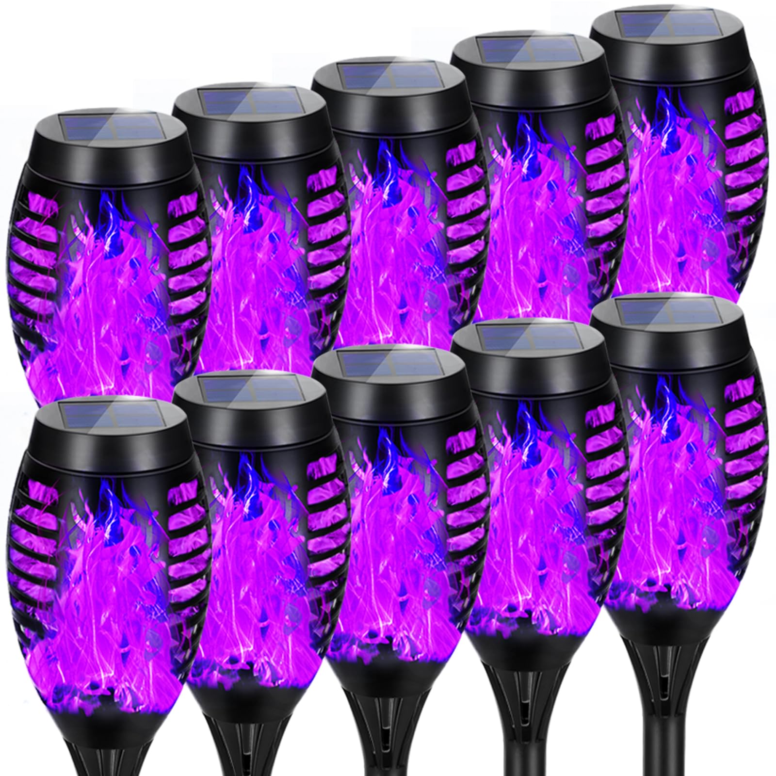 AOUNQ Solar Torch Lights Outdoor, 10 Pack Purple Flickering Flame, Waterproof Tiki Torches for Garden Decor, Model AO-USA 03-10P