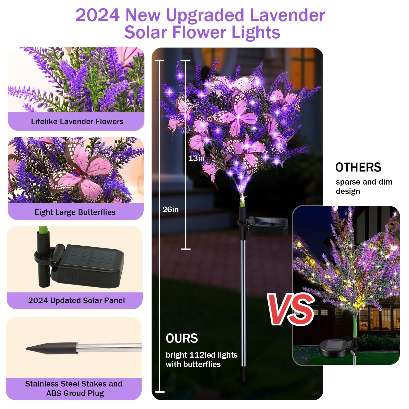 Solar Garden Lights Outdoor, 2 Pack Purple Lavender Solar Butterfly Lights Gardening Gifts For Women, Purple Solar Artificial Flower With Butterfly Purple Garden Decor For Lawn Patio