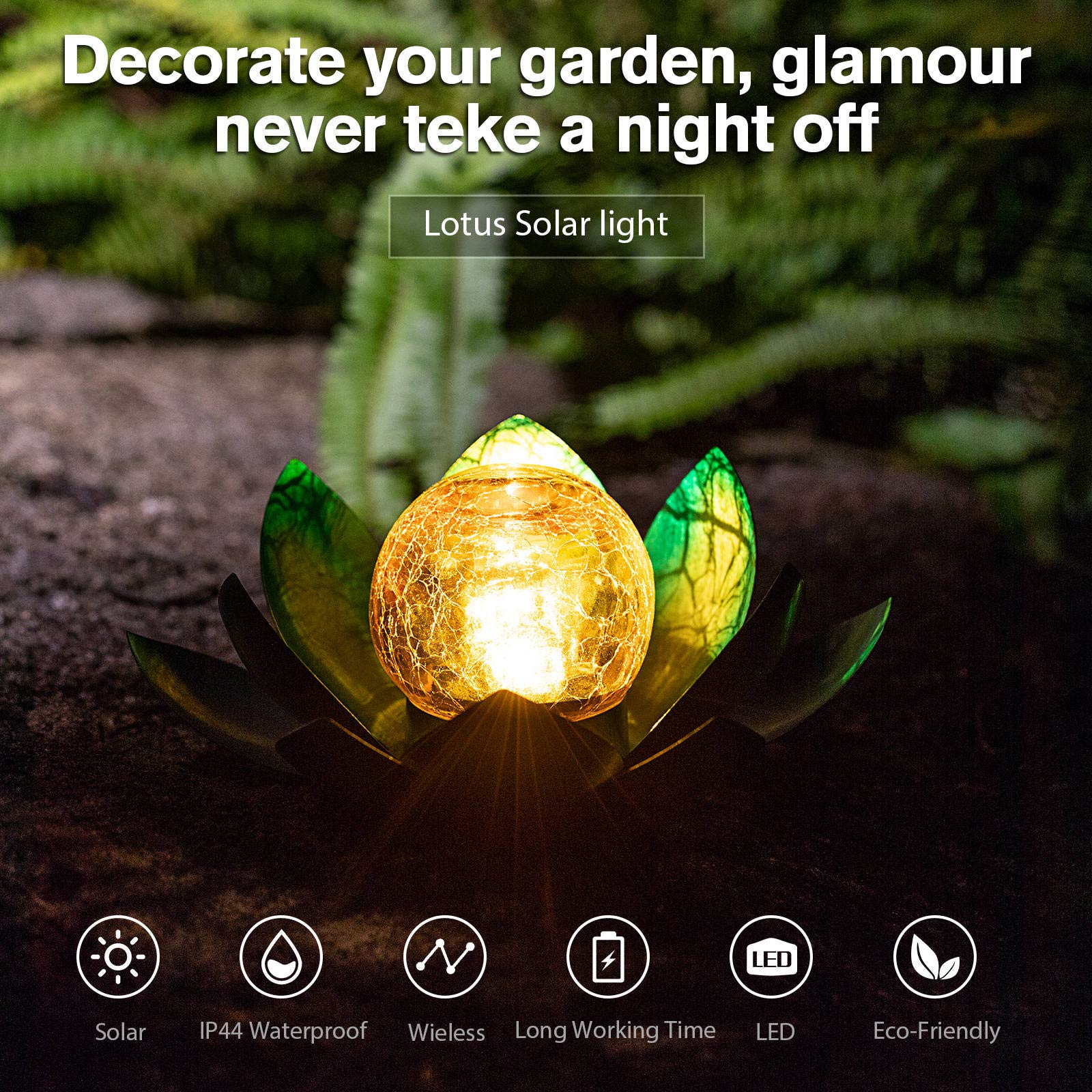 Huaxu Blue Glass Solar Lotus Flower Table Lamp - Waterproof Outdoor Garden Light