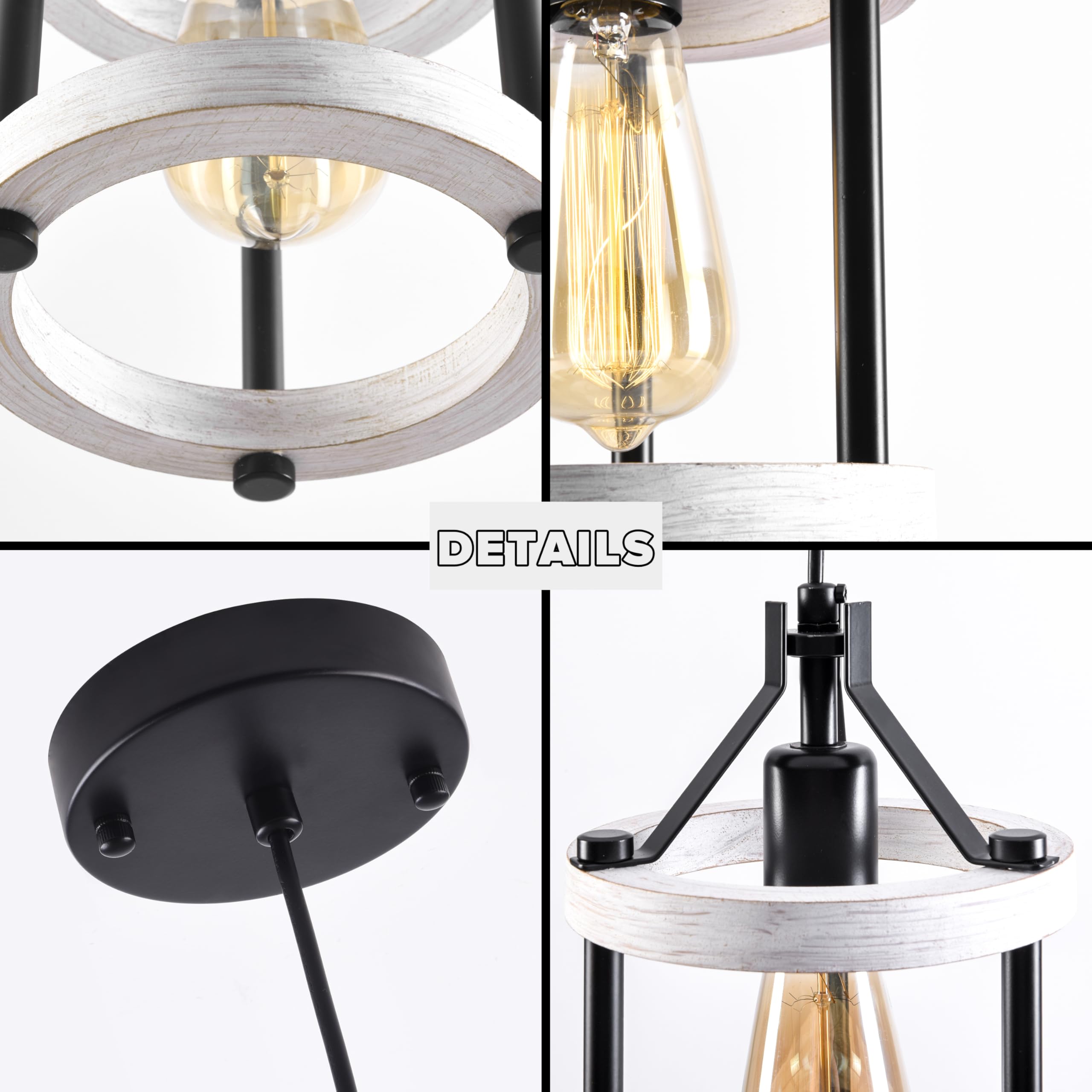 Mo&Ok Set Of 3 Kitchen Island Lighting,Rustic White Pendant Lights,Wooden Metal Chandelier Fixtures,59 Inch Adjustable Pipes,For