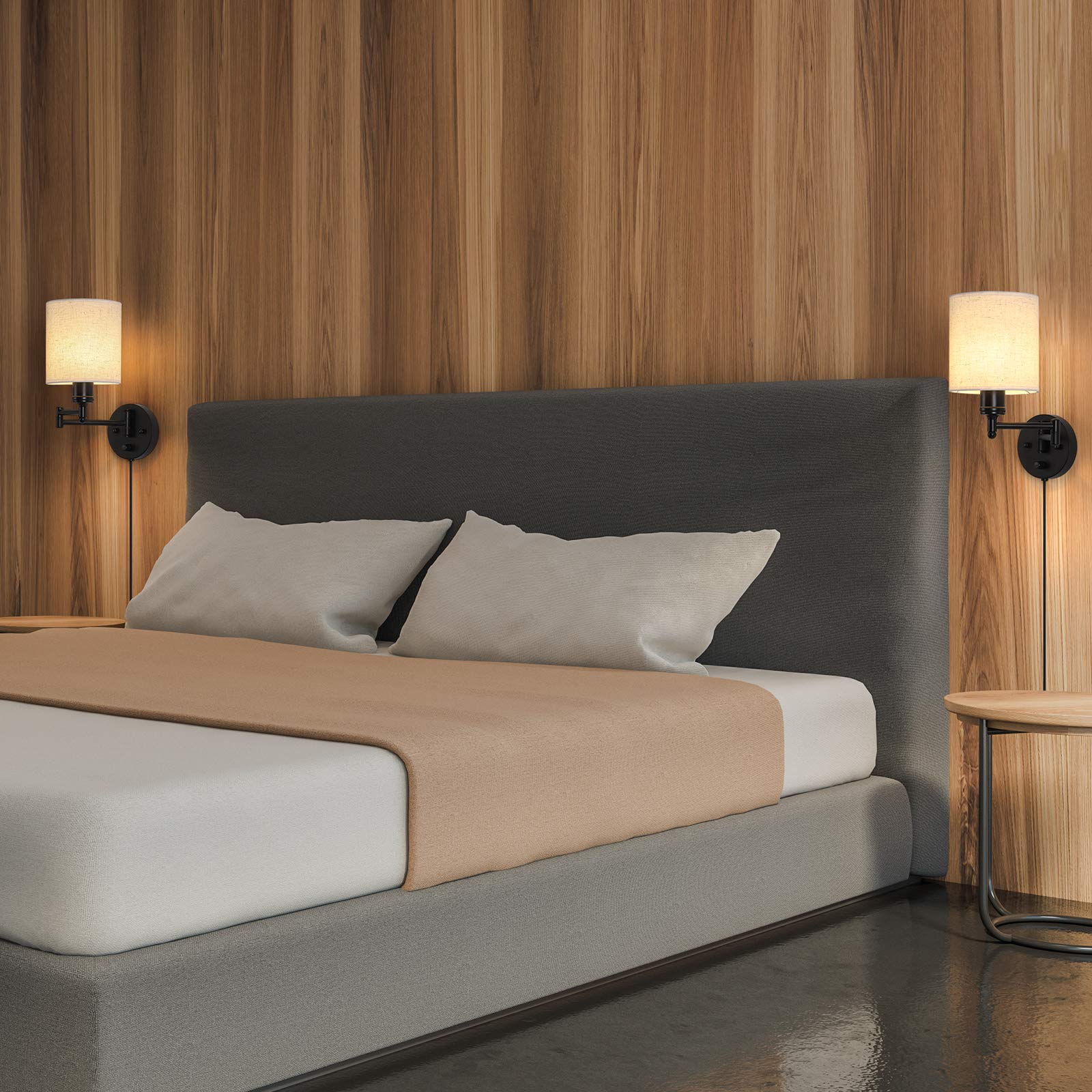 CADUKE Swing Arm Wall Light Set of 2, Modern Metal & Linen Sconces, Linen Shade, Model LR-RTH84, Ideal for Bedroom & Living Room