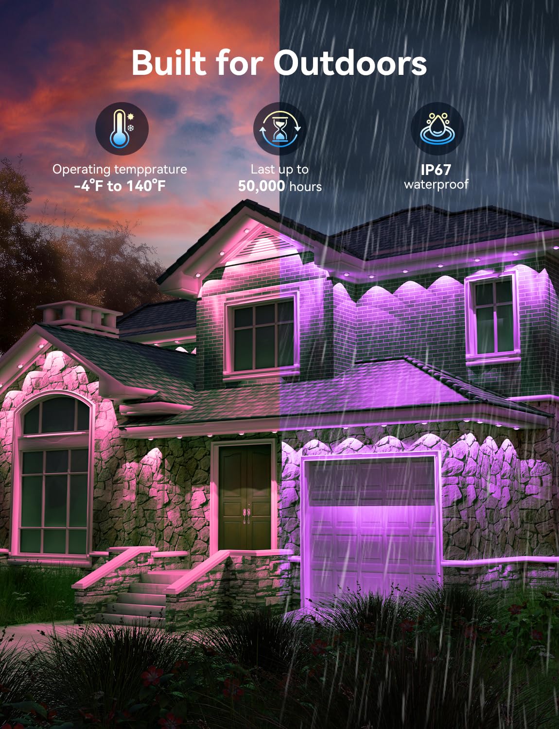 lemonrole 50FT RGB Outdoor Lights - App Controlled, IP67 Waterproof, Multicolor Eaves Lighting for Christmas & Holidays