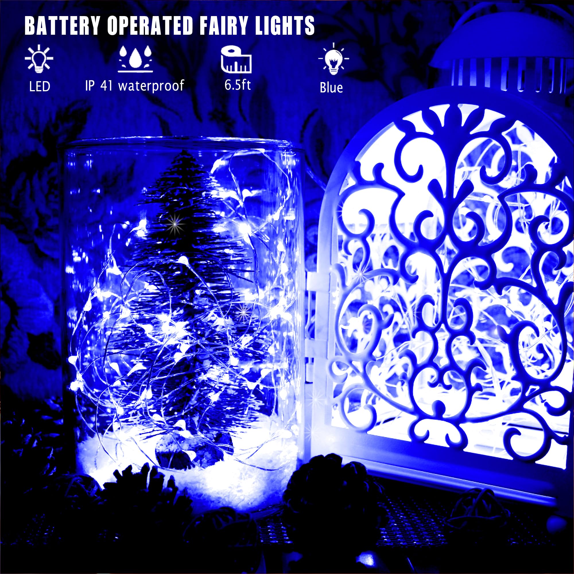 6 Pack Fairy Lights Battery Operated String Lights With Timer 2Pcs Remote 6.5Ft 20Led Blue Twinkle Lights Waterproof Silver Wire Firefly Lights Diy Mason Jar Crafts Wedding Party Christmas Table