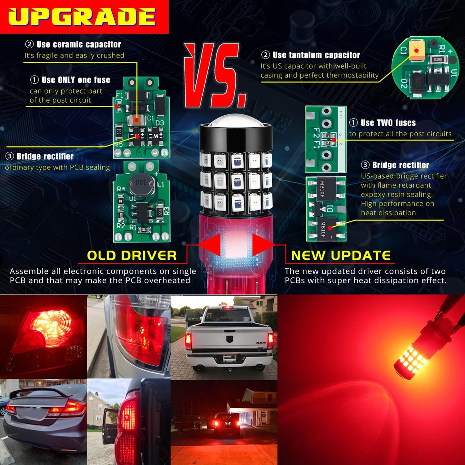 Alla Lighting T20 LED Strobe Brake Lights, Red, W21W 7440LL 7443LL, Aluminum, Replacement for Cars, Trucks, SUVs, Vans