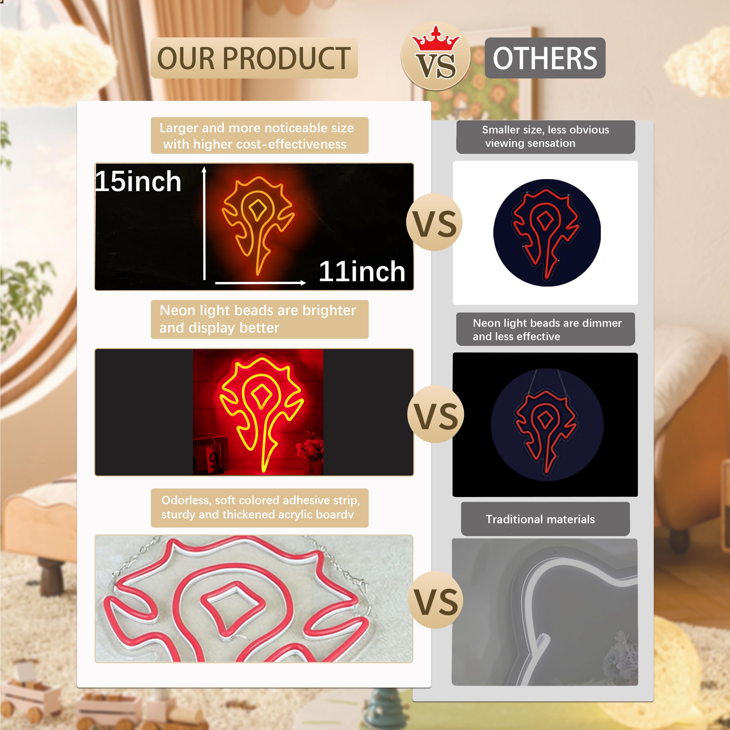 Pinlangdou Red-Horde Neon Sign World of War Craft Themed Neon Lights Light Up Your Game Fantasy World for Wall Decor Kids Room B