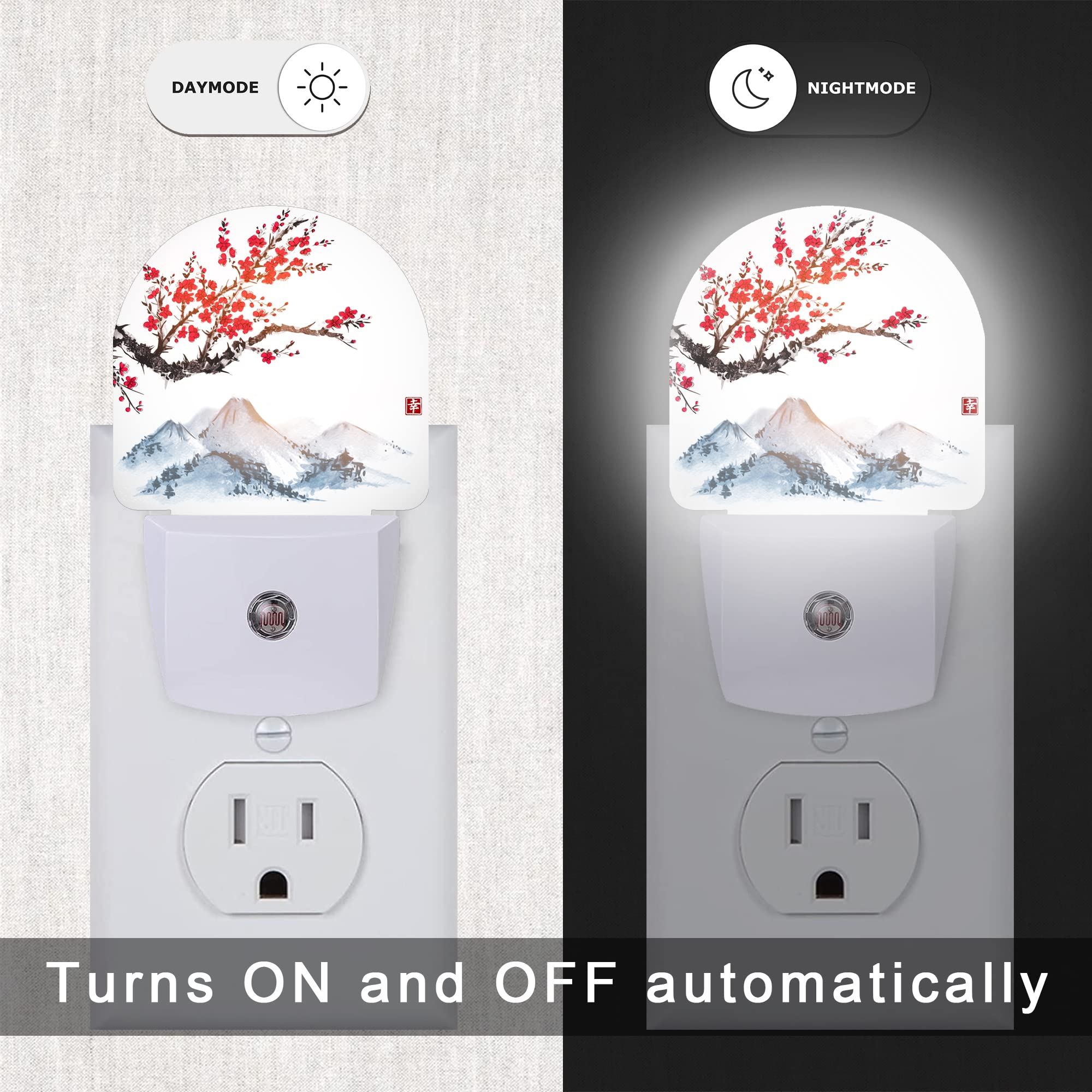Aowula Cherry Blossoms Night Light,Japanese Mountains Night Lights Plug Into Wall Decor For Stairway/Hallway/Kitchen,Dusk To Daw